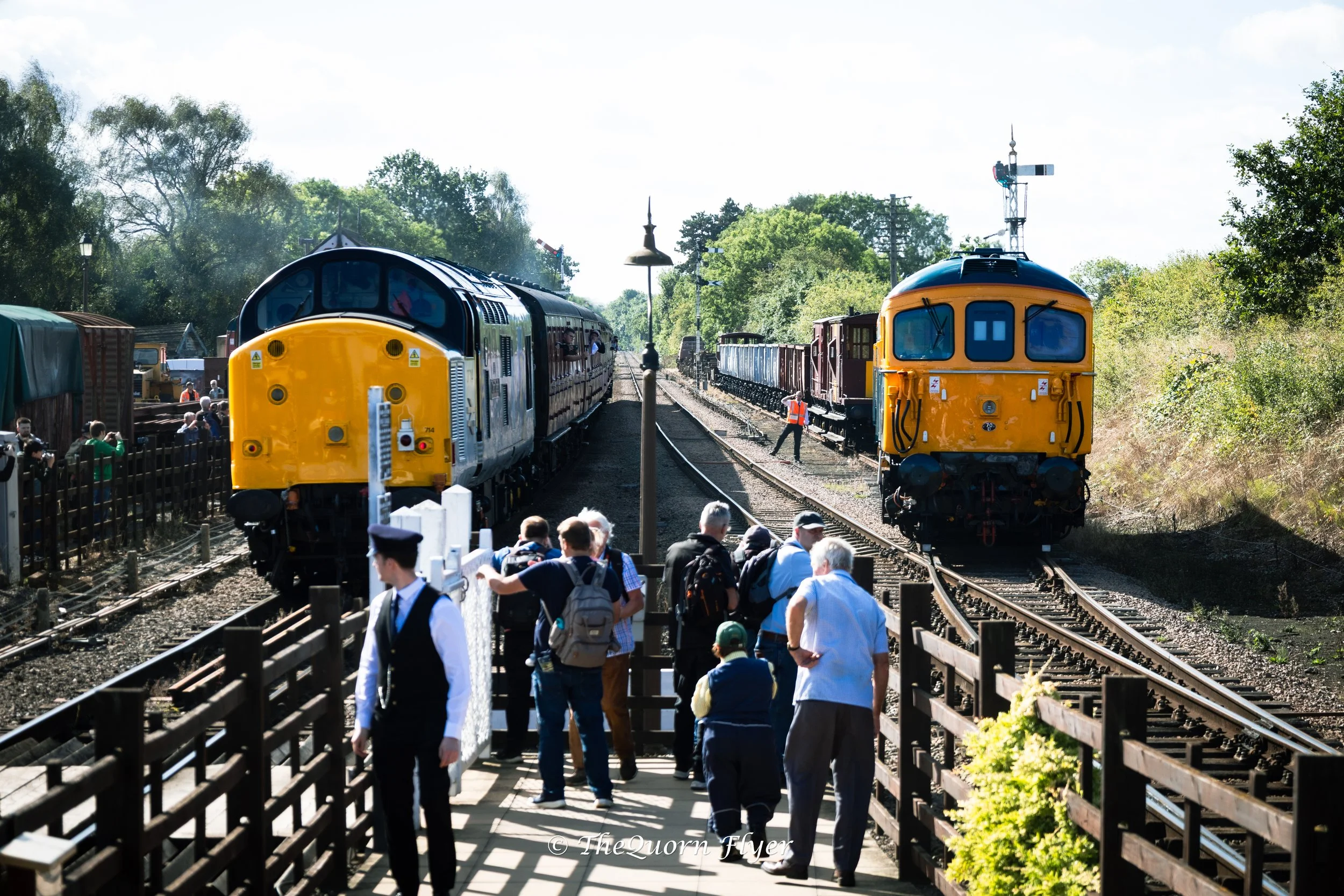 Crowd of people walking along train tracks with trains and train station in the background, surrounded by trees and greenery.