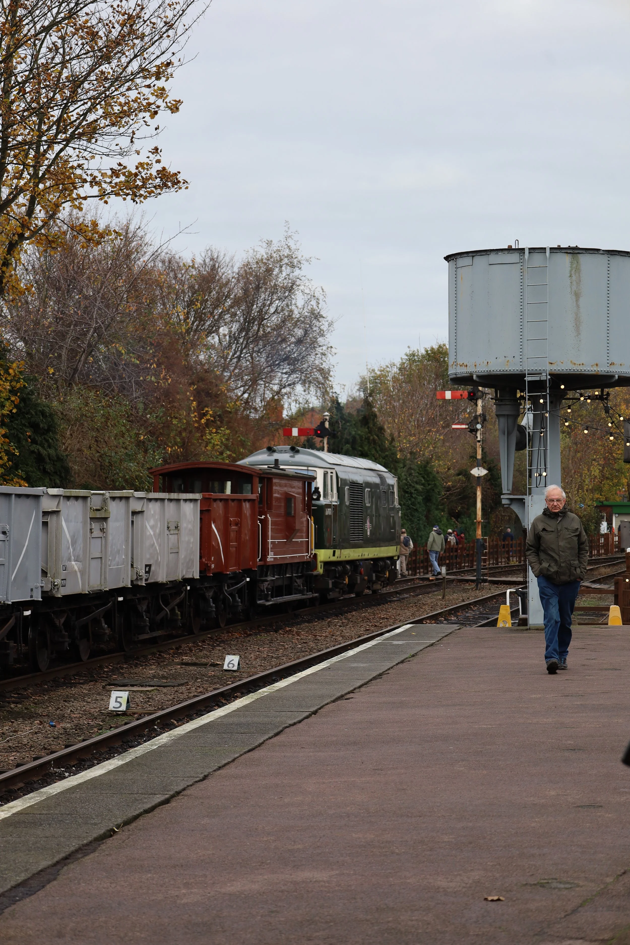 A person walking along a train station platform next to a train and tracks, with trees and signal signals in the background.