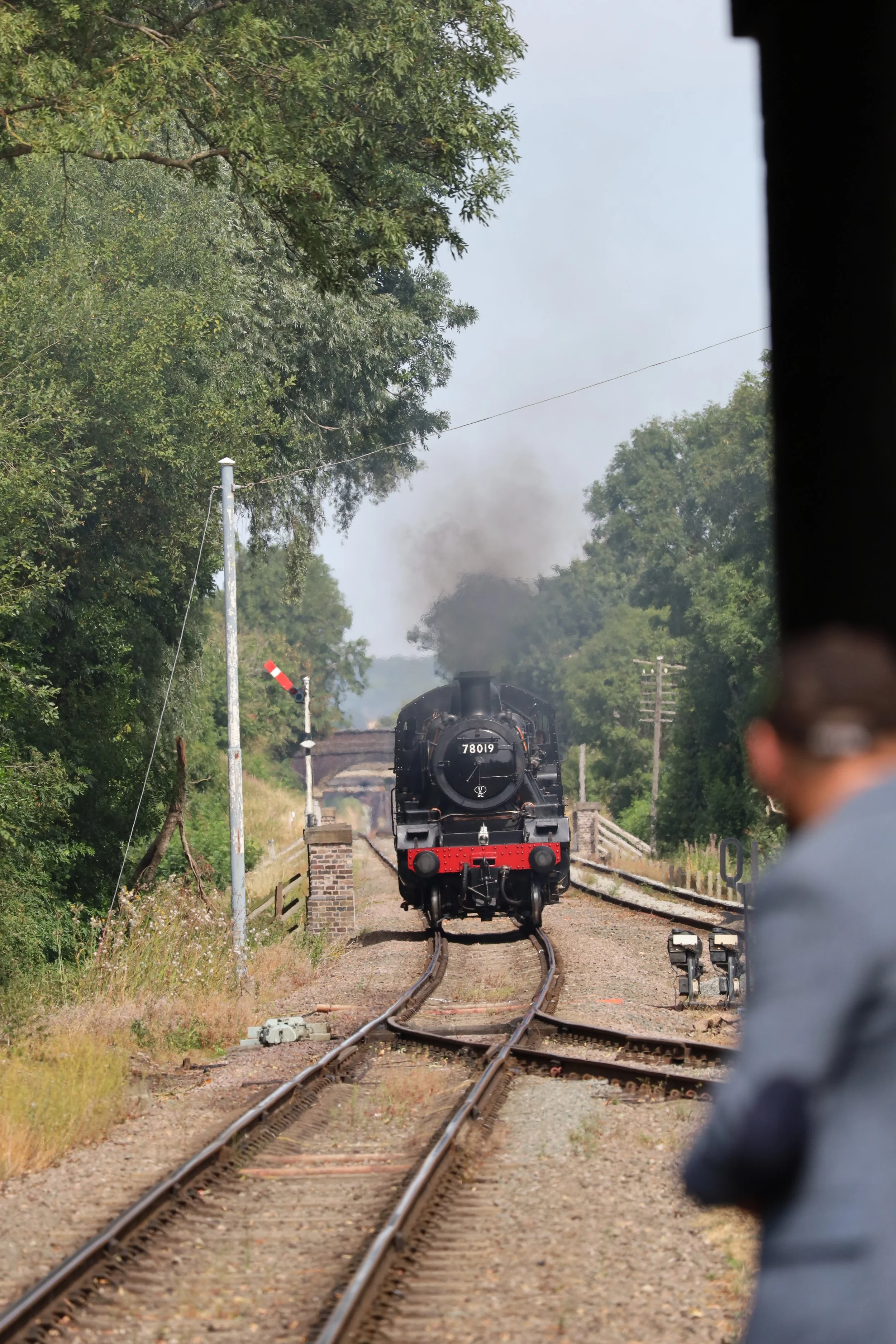 A steam locomotive traveling on train tracks surrounded by green trees with a person in the foreground.