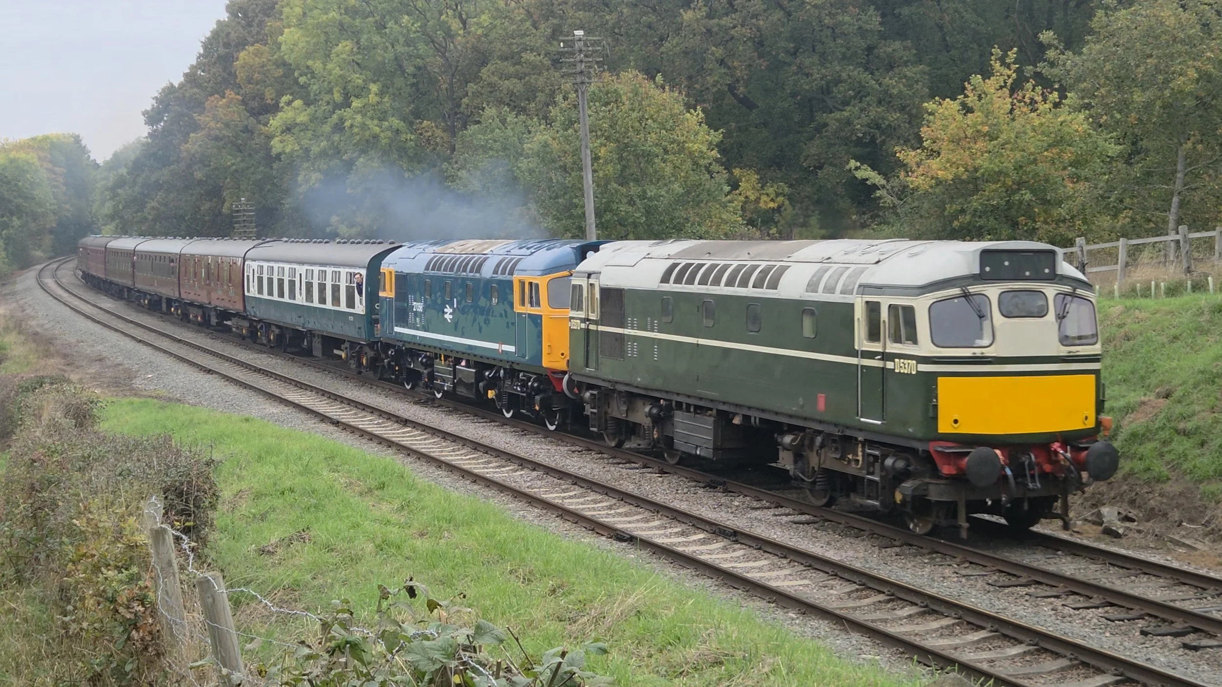 A vintage train with multiple cars traveling on a railway track through a wooded area with green and autumn-colored trees.