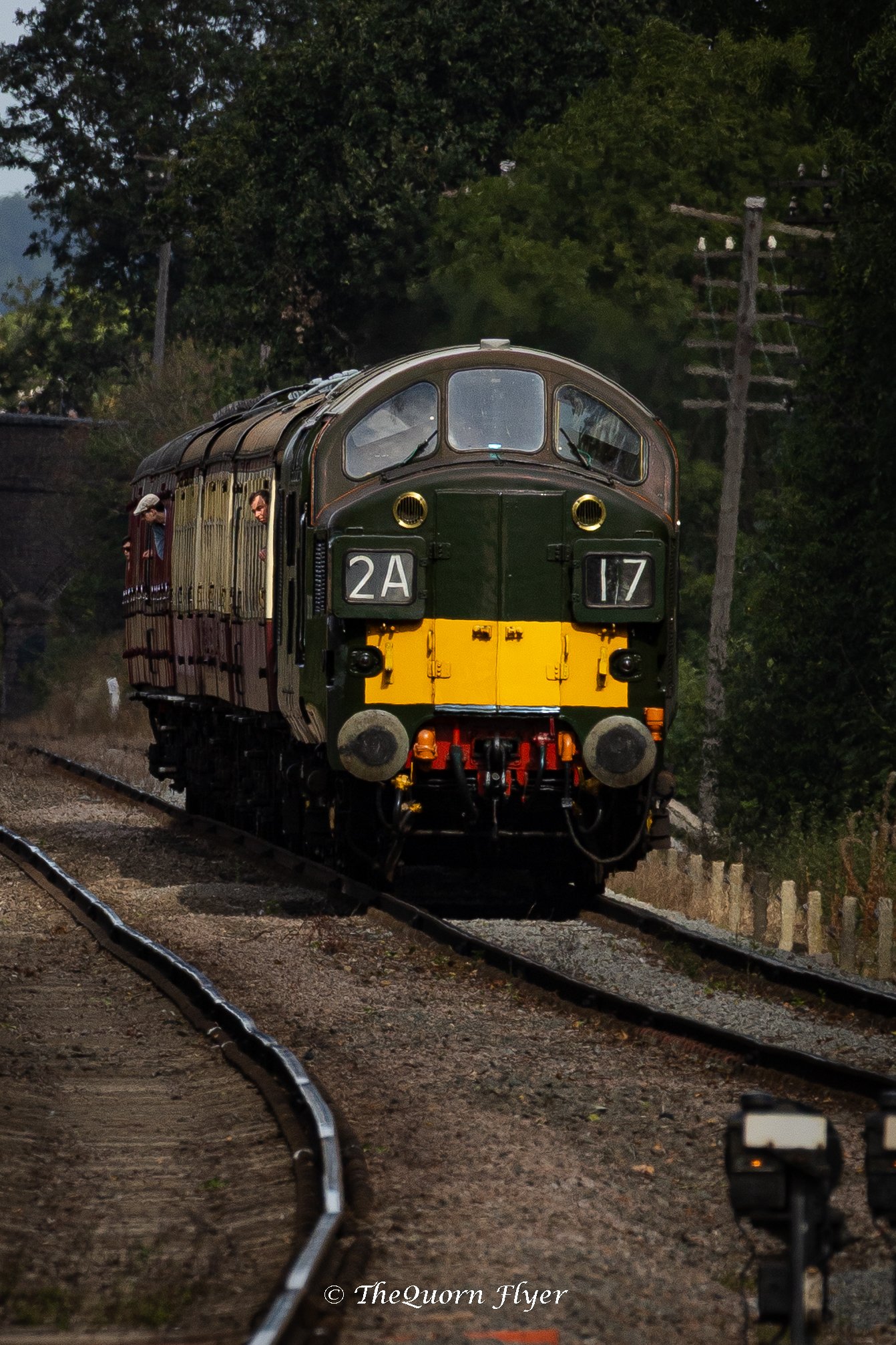 A vintage train traveling on a curved track surrounded by lush green trees.