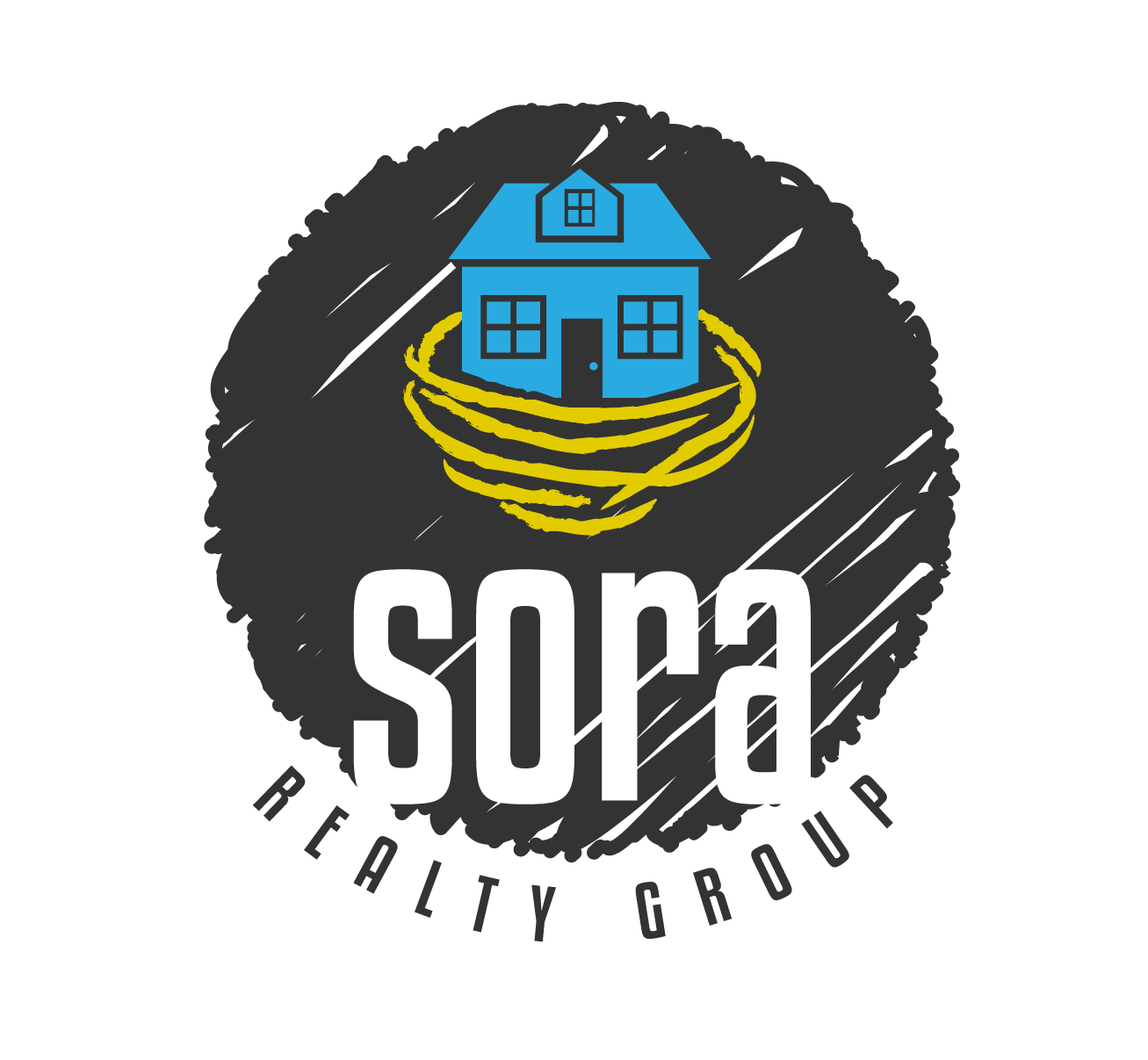 A circular logo with a black background featuring an illustration of a blue house surrounded by yellow lines, with white text reading 'SOSA' and 'REALTY GROUP' underneath.