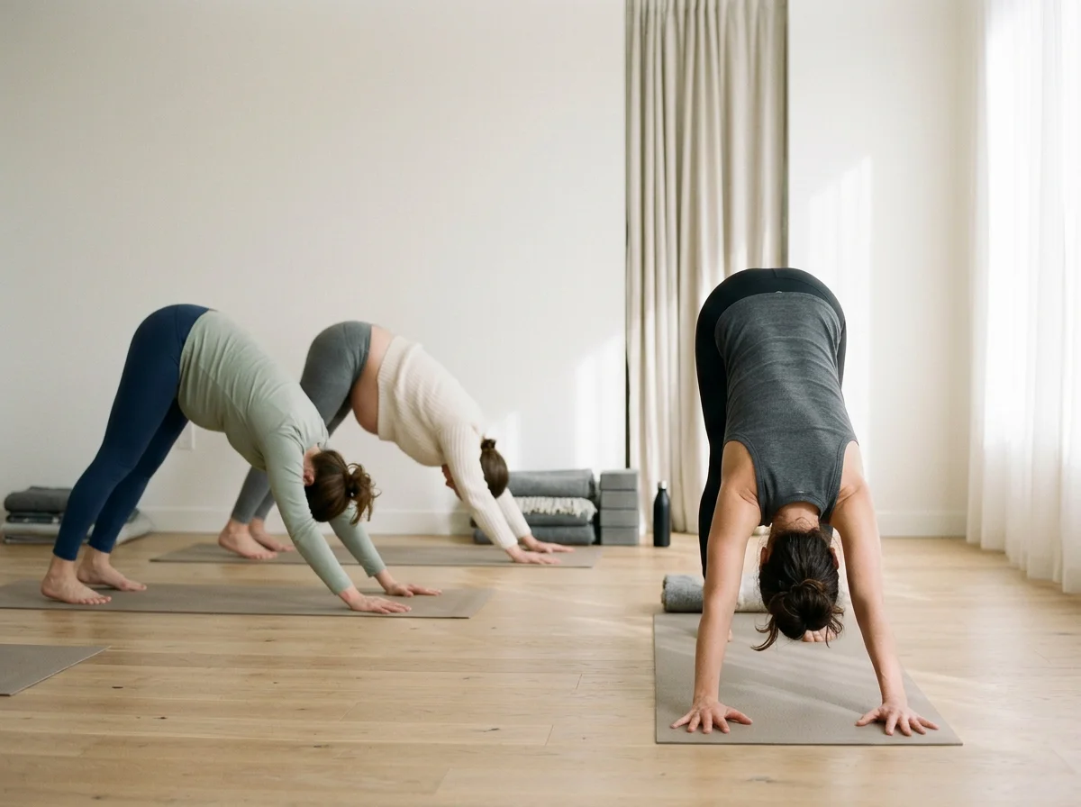 Drei Frauen beim Yoga in einer hellen, minimalistischen Studio, die in die Hundestellung gehen.