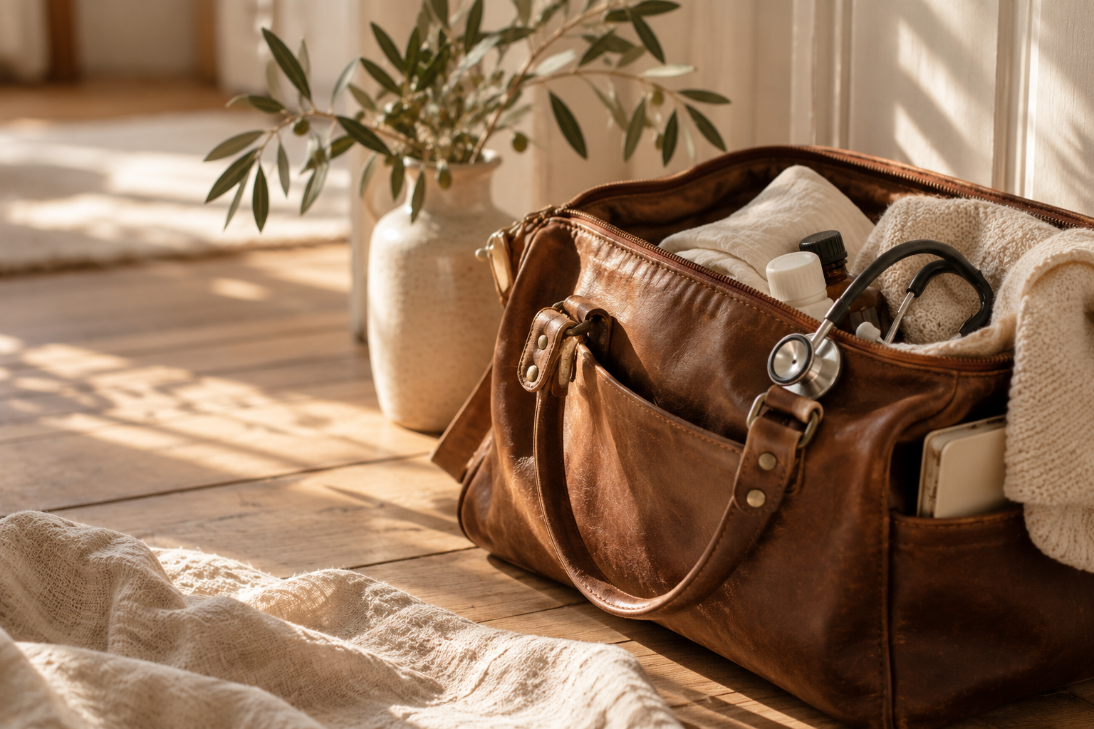 Reise- und Gesundheitsartikel in brauner Ledertasche, neben einer Pflanze im Raum mit viel Sonnenlicht