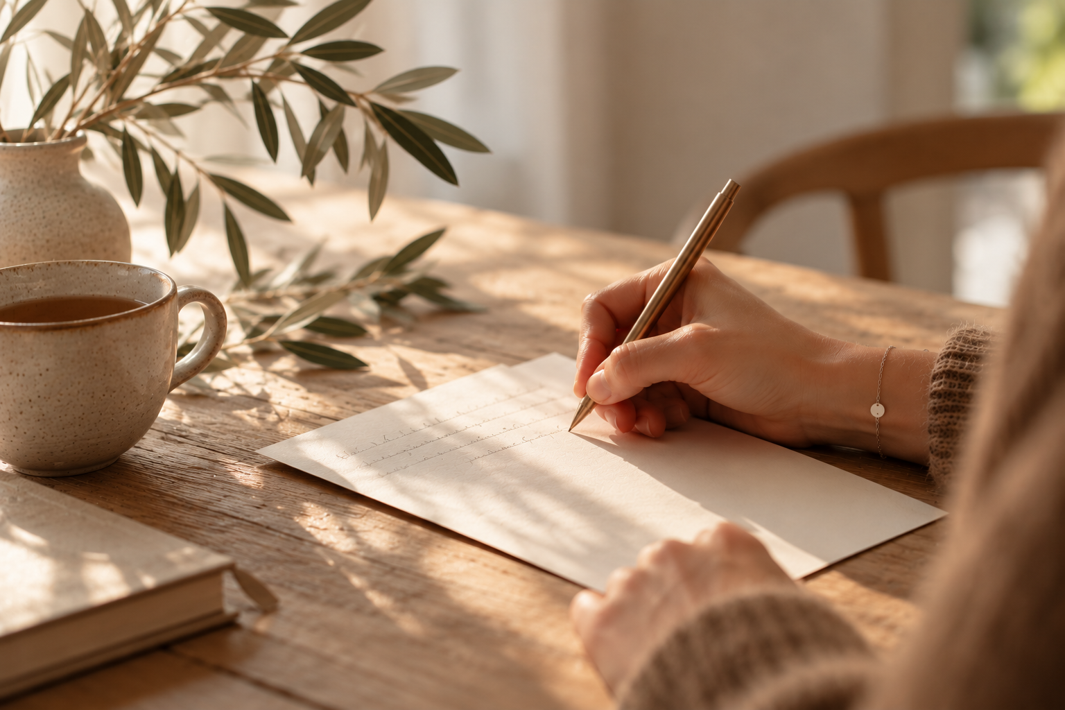 Person schreibt auf Briefpapier mit einem Kugelschreiber, auf dem Tisch liegen eine Tasse Tee, ein Buch, ein Blumenstrauß in einem Keramikvasen und Sonnenlicht
