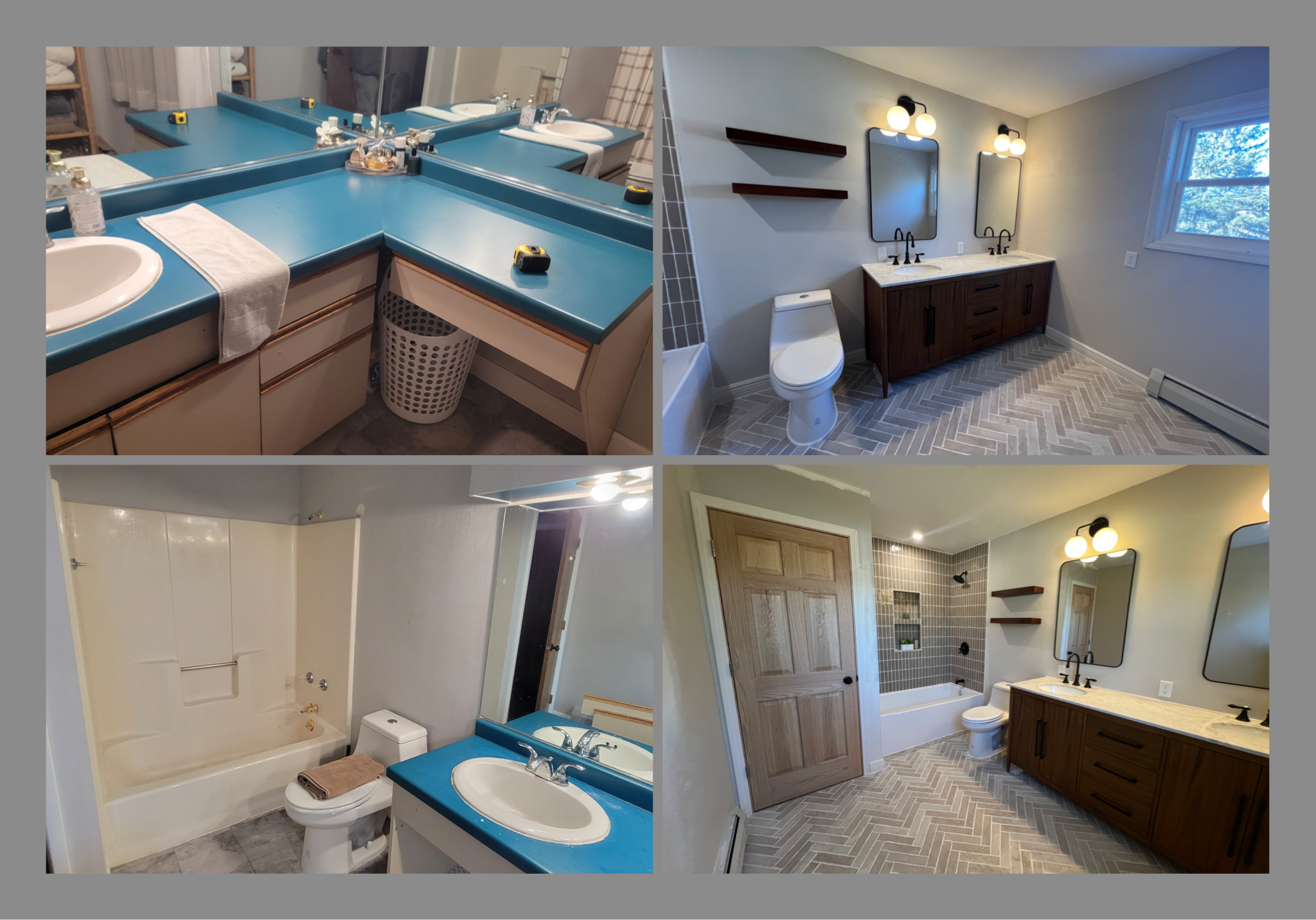 Collage of four bathroom photos showing sinks, mirrors, a toilet, a shower, and decor, some with blue countertops and others with wooden cabinets.