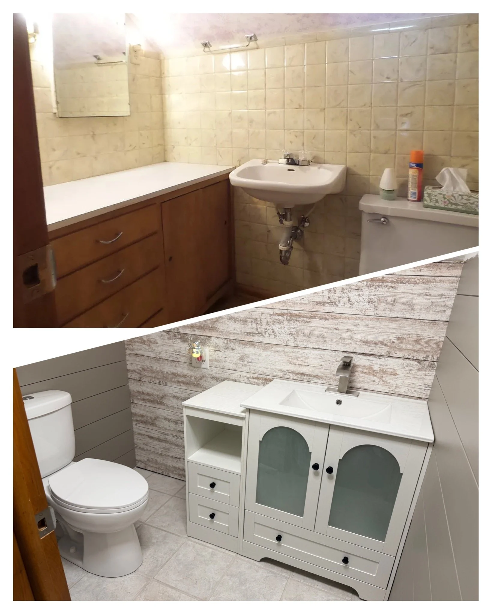 A small bathroom with a white toilet, a white sink, and a white vanity cabinet. The walls are covered with beige tiles, and there is a mirror above the sink. Various toiletries and a tissue box are on top of the toilet tank.