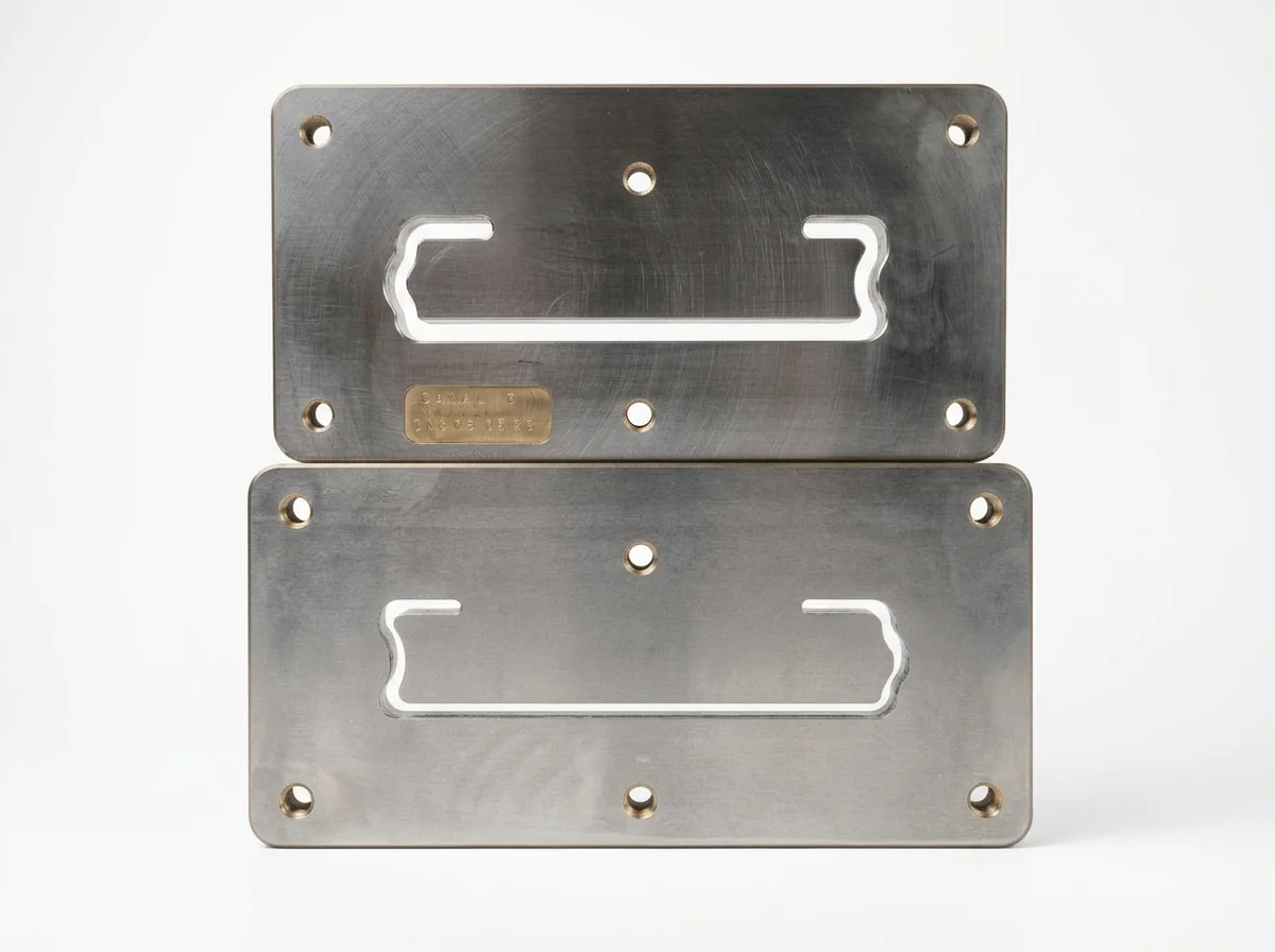 Precision-machined metal cutting blades for a Metform machine used to manufacture channel-shaped sheet metal profiles.