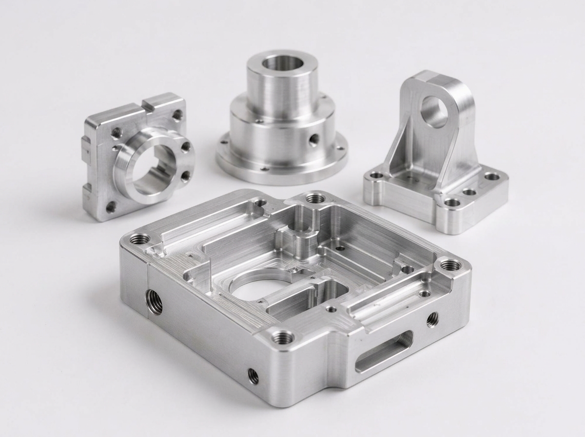 Precision-machined aluminum components, including a housing, brackets, and cylindrical industrial parts.