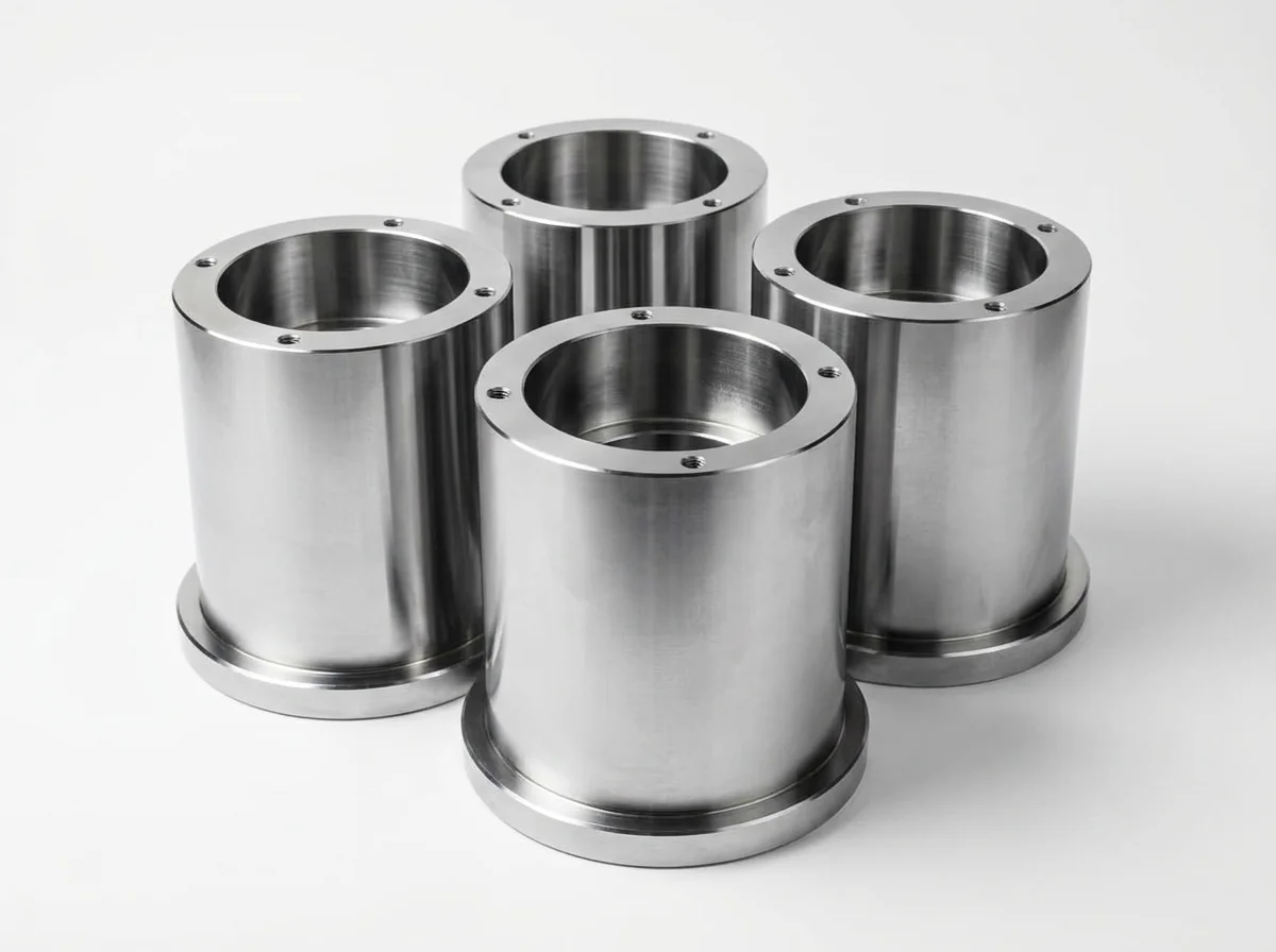 Four stainless steel cylindrical components with flanges and mounting holes, displayed on a white background.