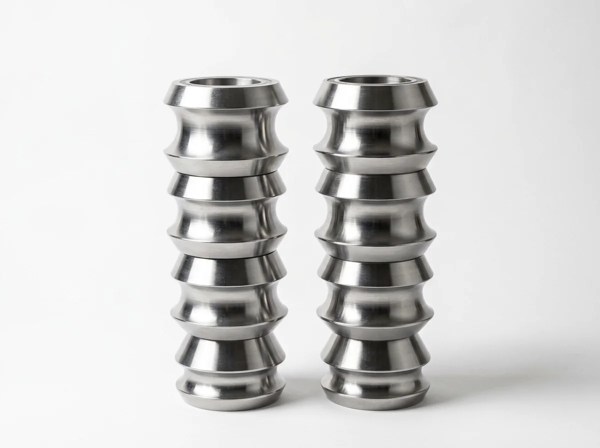 Precision-machined, hardened H13 tool steel rollers for the welding section of an industrial tube forming machine.