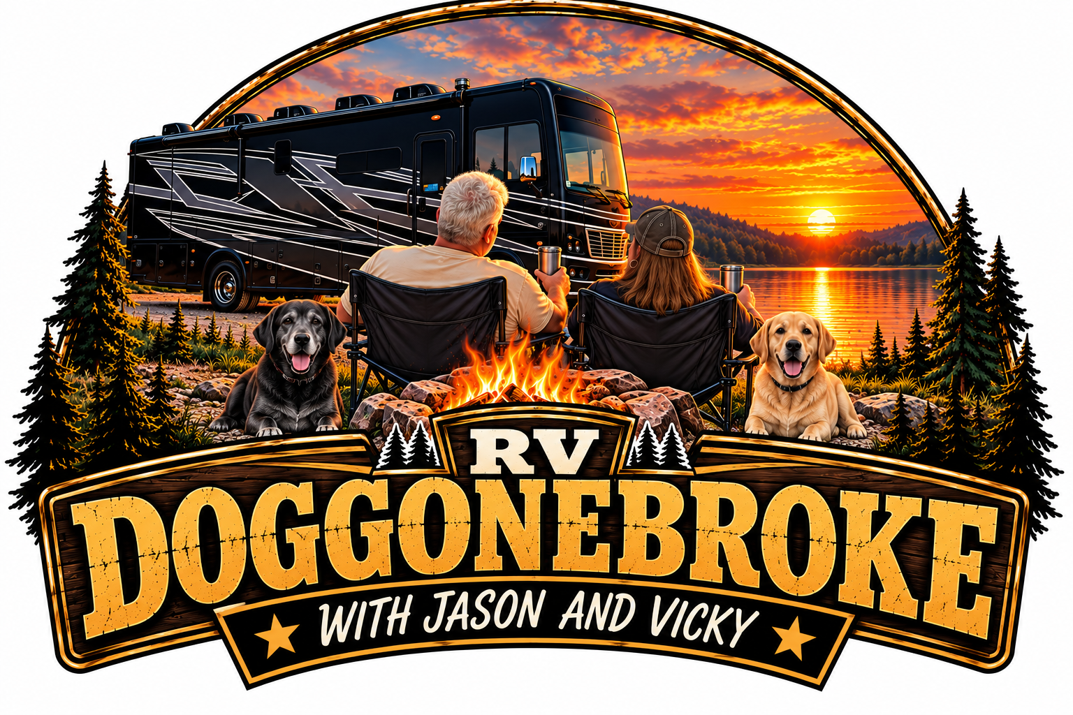 An outdoor scene featuring a couple sitting in camping chairs by a campfire, watching a sunset reflected on a lake, with two dogs in front and an RV in the background, surrounded by trees. The image promotes a show called "RV Doggonebrooke with Jason and Vicky."