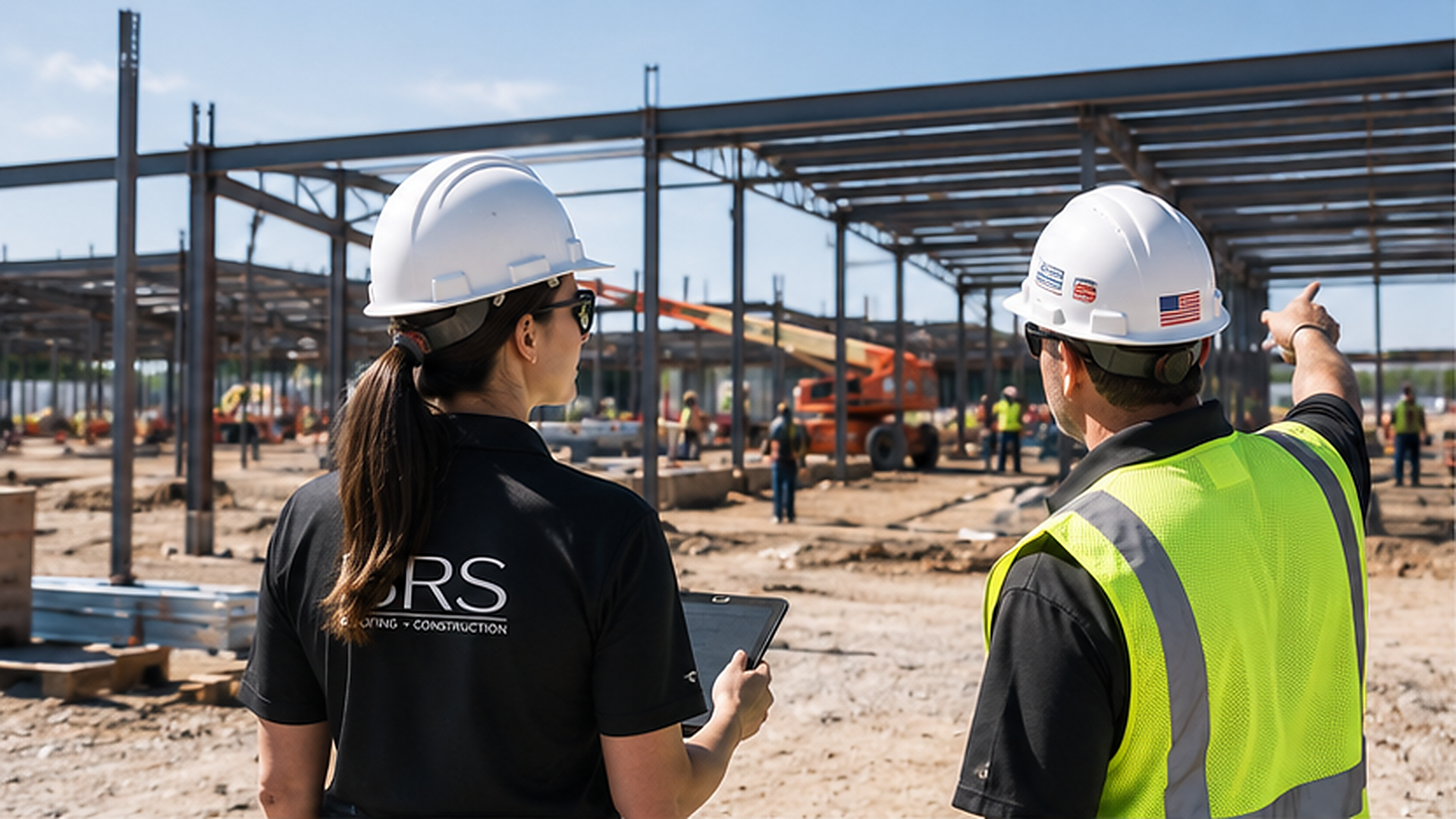 Construction workers on a building site, wearing hard hats and safety vests, with one person pointing and another using a tablet device, and a steel framework structure in the background.