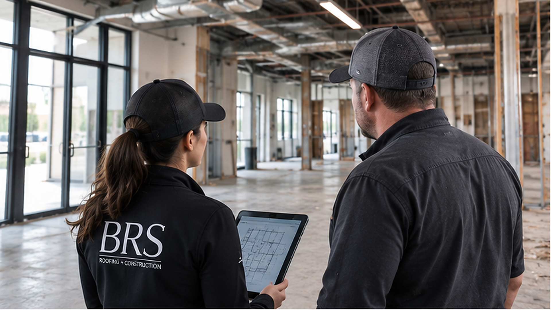 Two construction workers, one woman and one man, looking at a tablet screen inside an unfinished building. The woman is wearing a black cap and jacket with 'BRS Roofing + Construction' logo. The man is wearing a black cap and shirt. The building has exposed wooden beams and large windows.