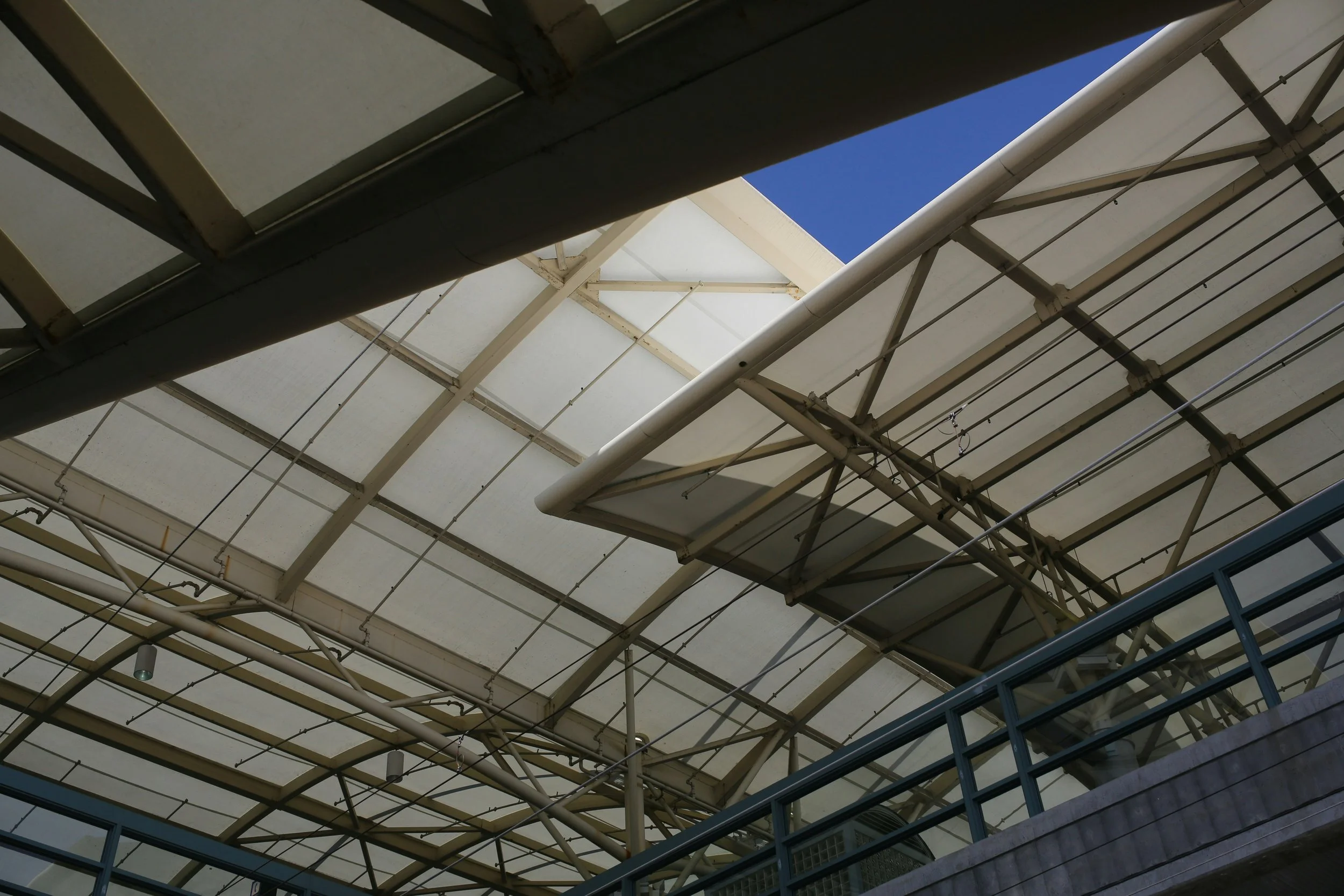 View of a modern building's ceiling with white structural supports and a skylight showing a blue sky.