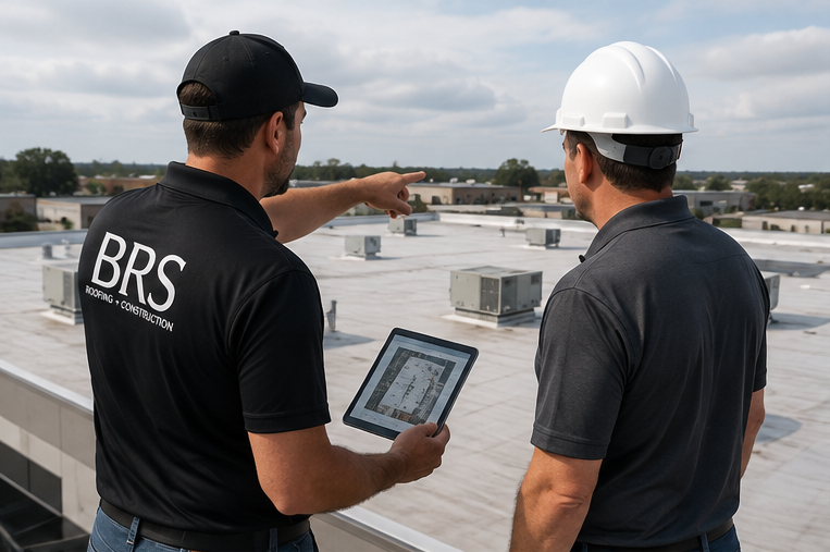 Two men, one with a tablet and both wearing hard hats, inspecting a flat commercial roof with HVAC units, on a cloudy day.
