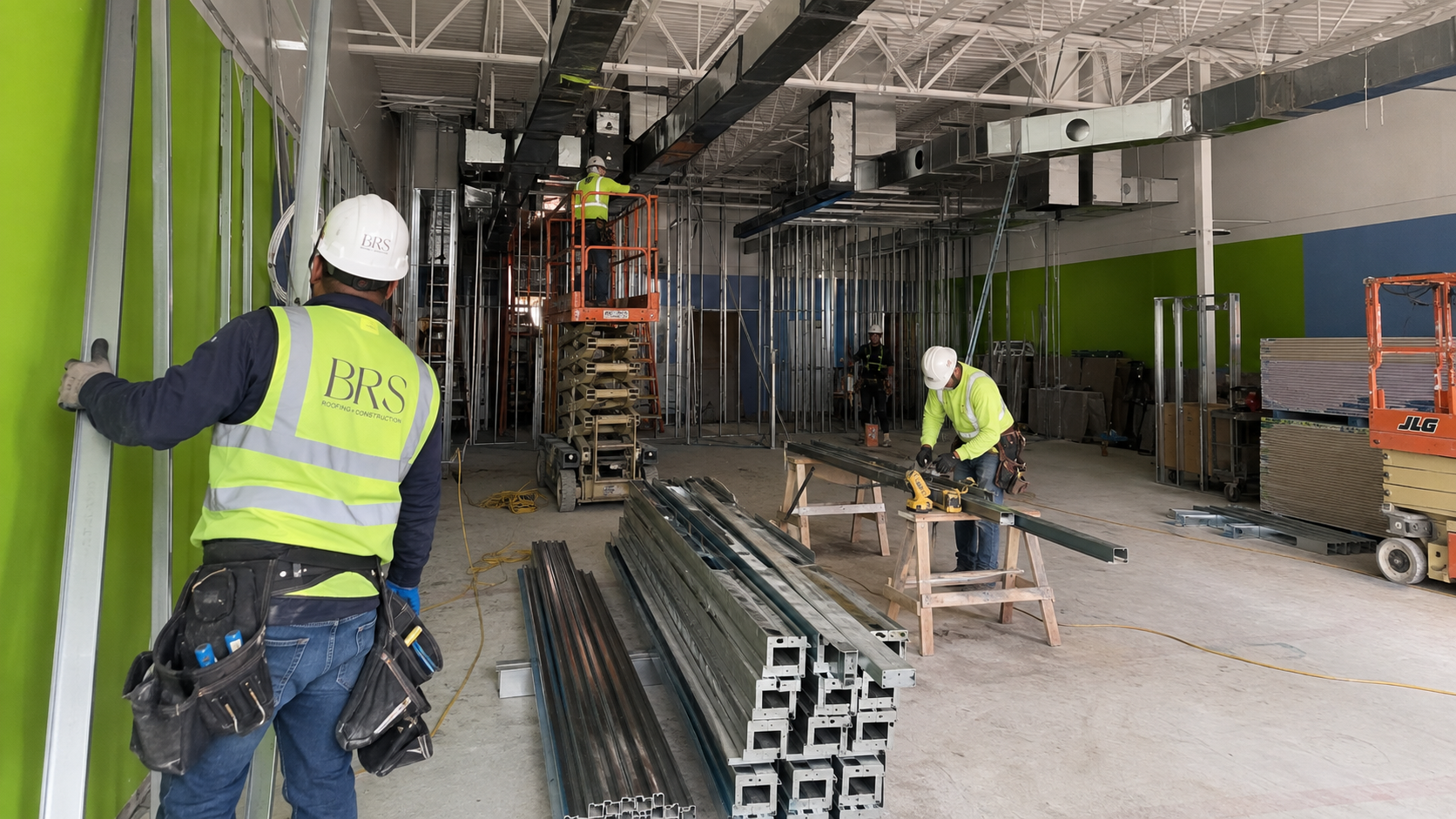 Construction workers installing green wall panels in an unfinished indoor space with visible metal framing and construction equipment.