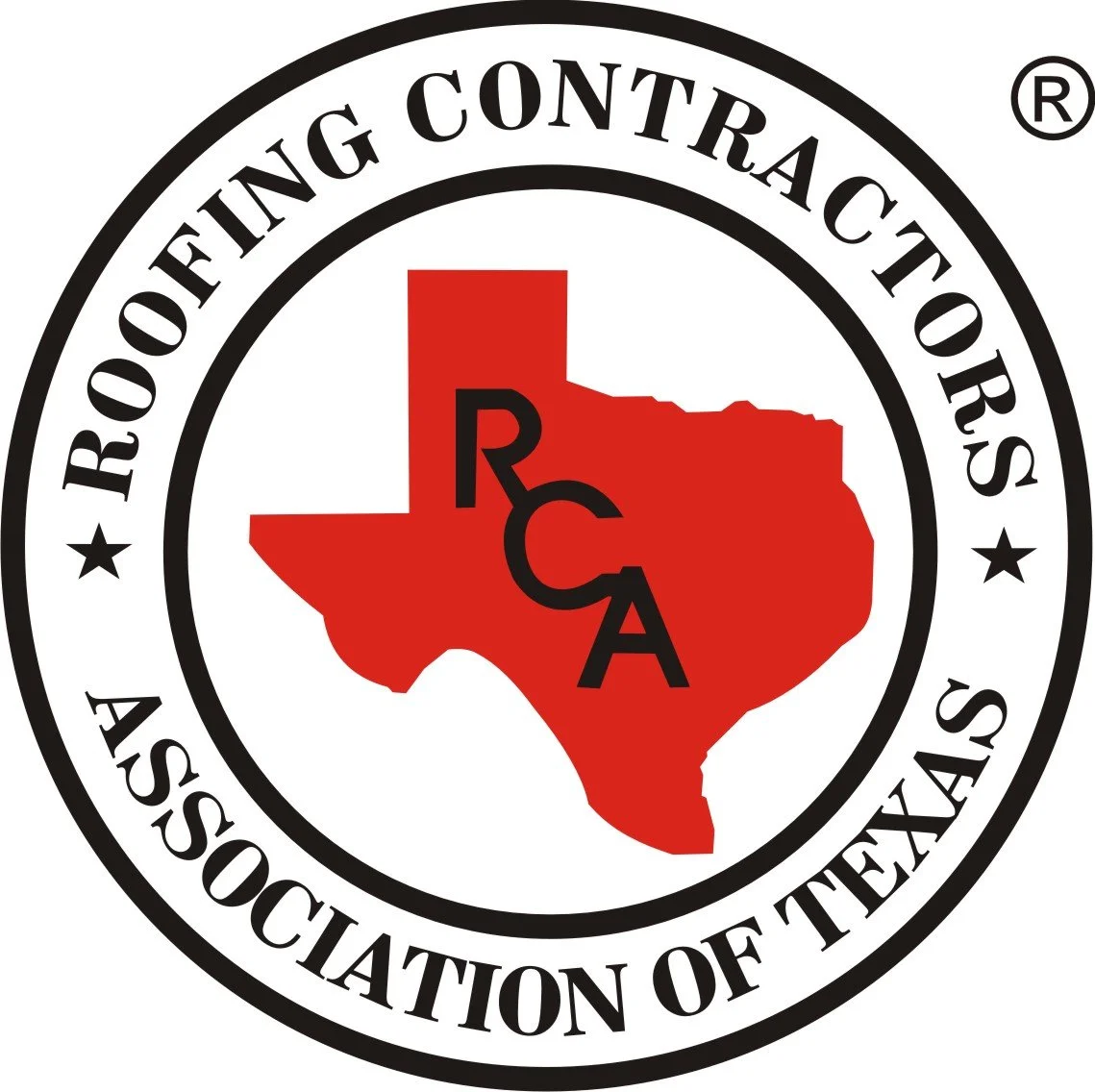 Logo of the Roofing Contractors Association of Texas, featuring a red Texas state outline with R, C, and A initials inside, and surrounded by the name of the organization in a circular black border.