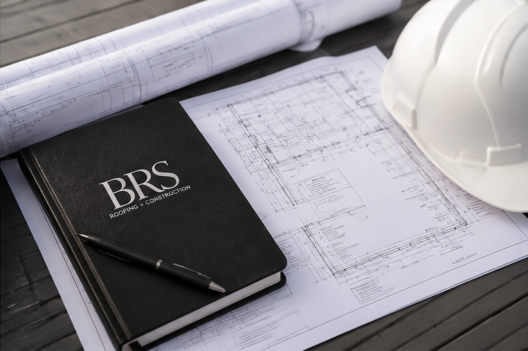 Construction plans and blueprints on a wooden desk, with a black notebook labeled 'BRS Roofing & Construction', a pen, and a white safety helmet.