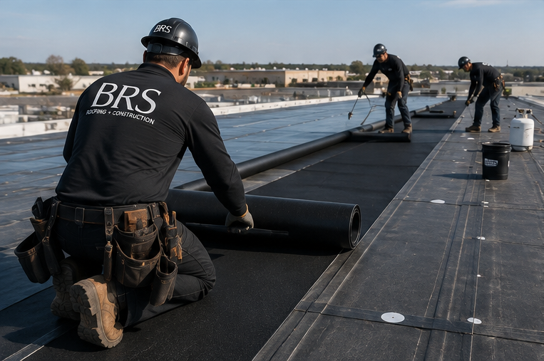 Construction workers installing roofing membrane on a flat rooftop, with tools and materials around, under a clear sky.