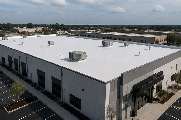 An aerial view of a large commercial building with a white roof, HVAC units, and an empty parking lot. Multiple similar buildings are visible in the background.
