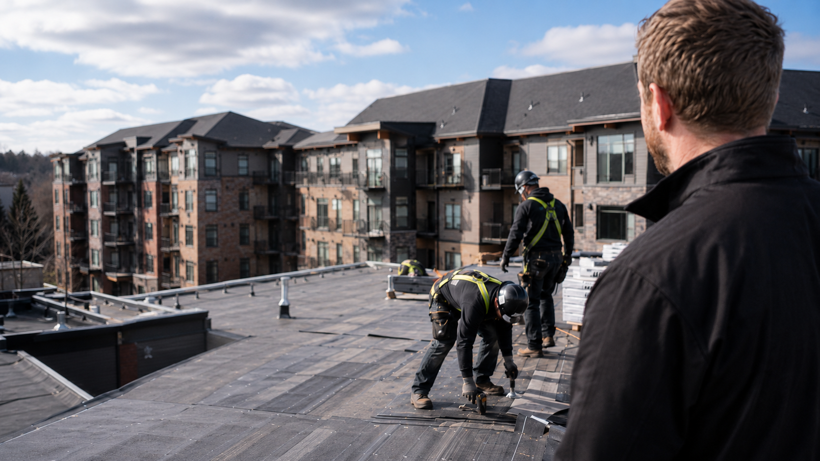 Construction workers installing roofing on a building with multi-story apartment complex in the background, overseen by a man observing.