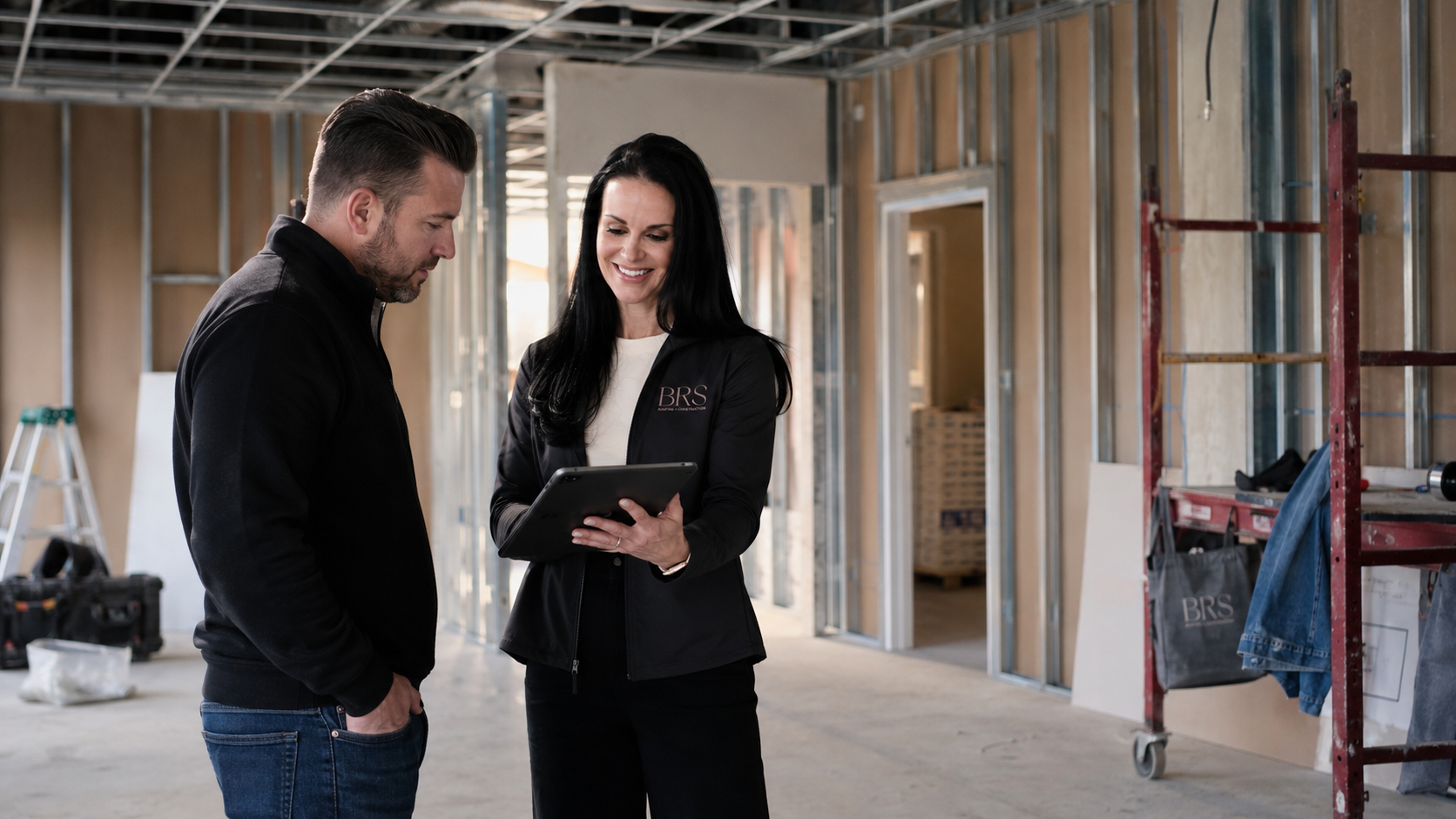 Two people, a man and a woman, standing inside a building under construction, looking at a tablet device and smiling.
