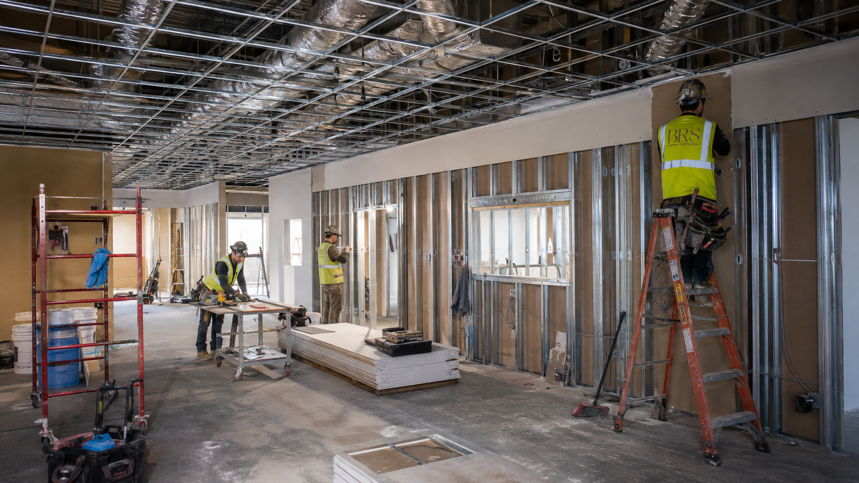 Construction workers installing metal studs on interior walls of a building under construction, with ceiling framework and HVAC ductwork visible.