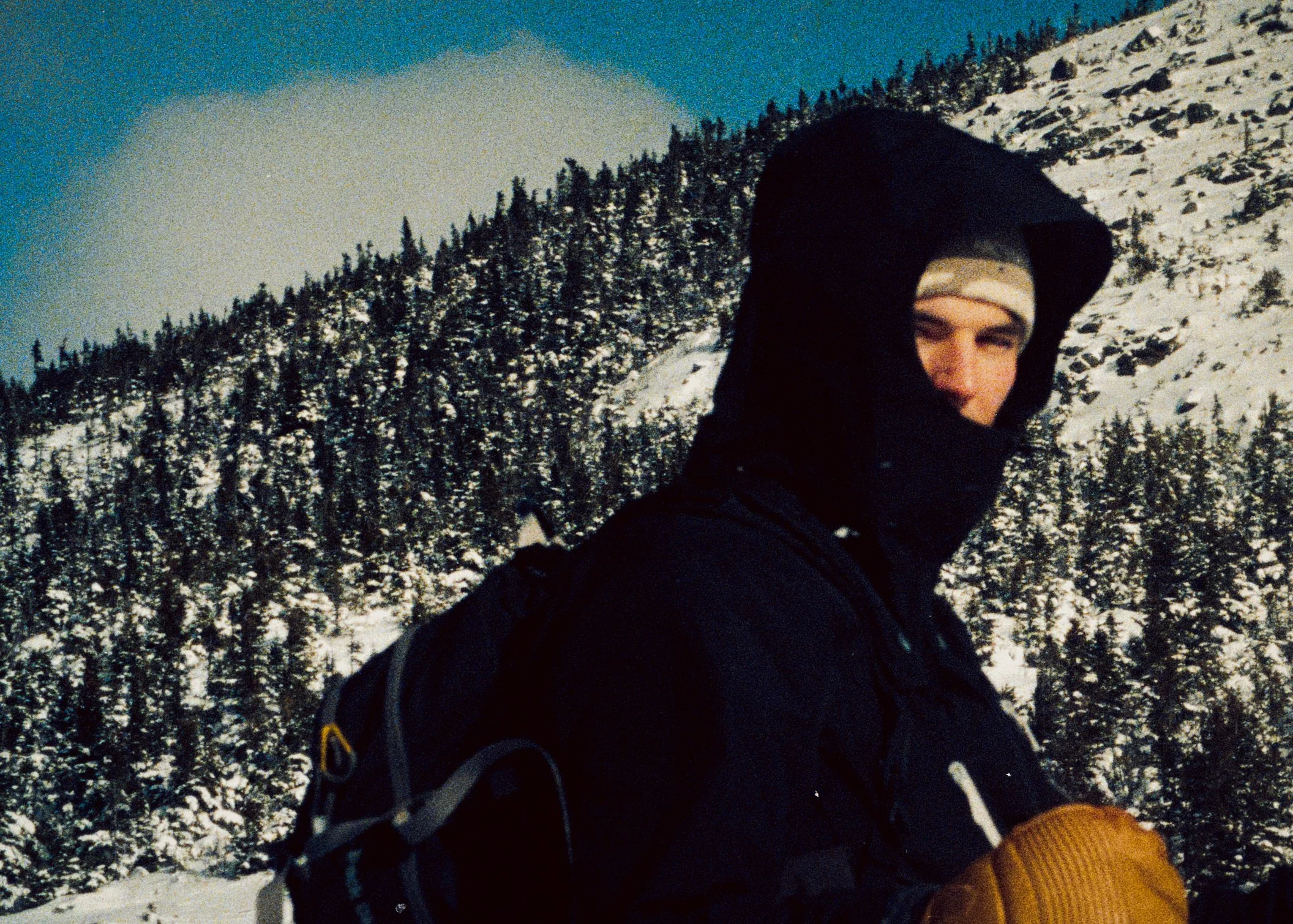 Skier Looking at camera with mountain and trees in background