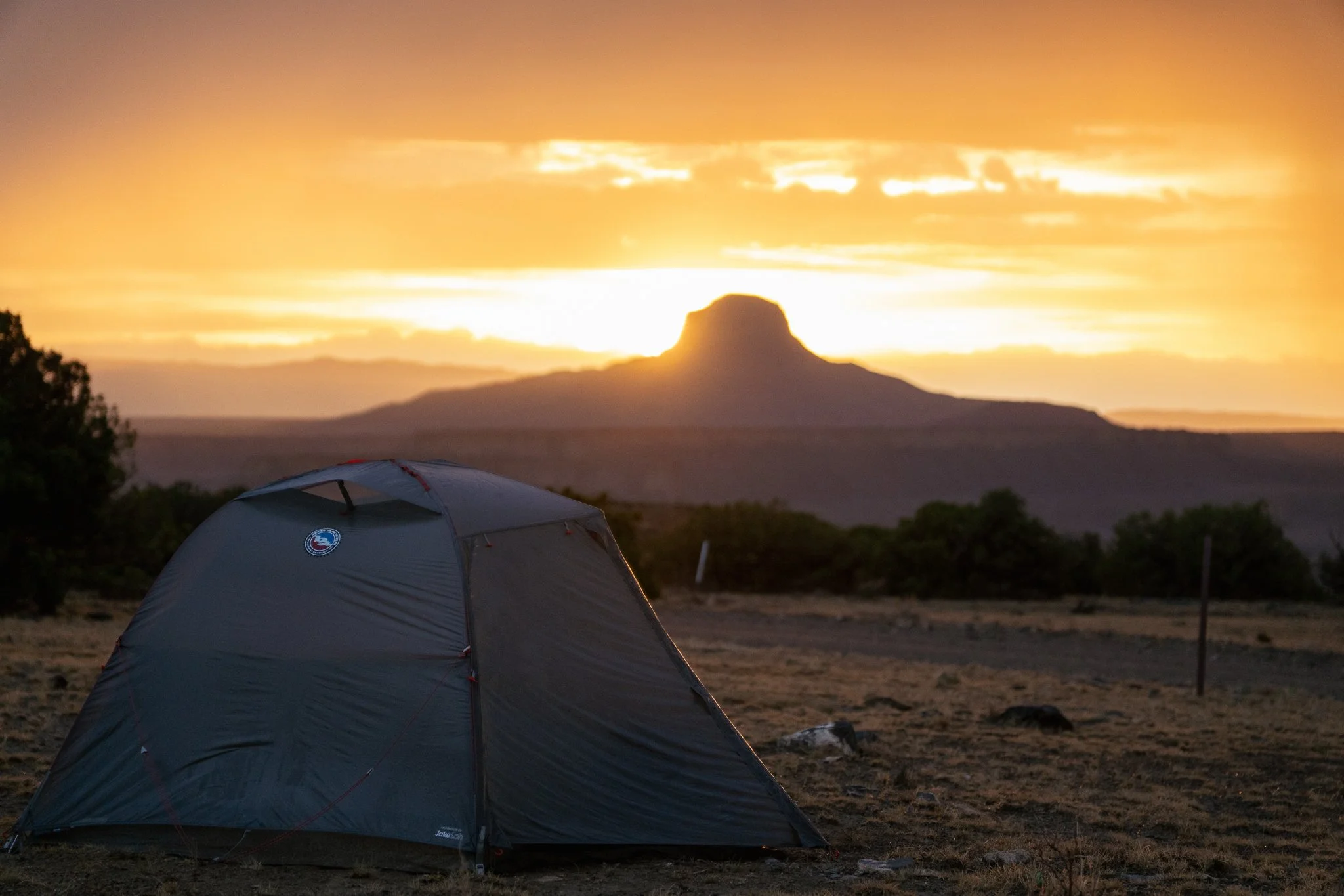 Tent in front of Historic monument during sunset in New Mexico