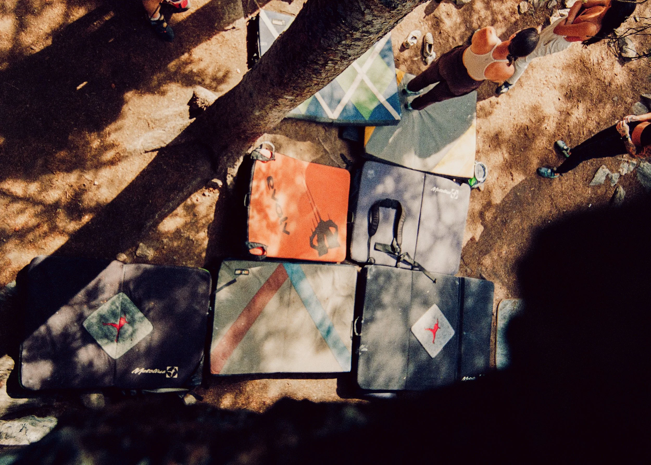35mm Film Photo looking down at crashpads from top of boulder