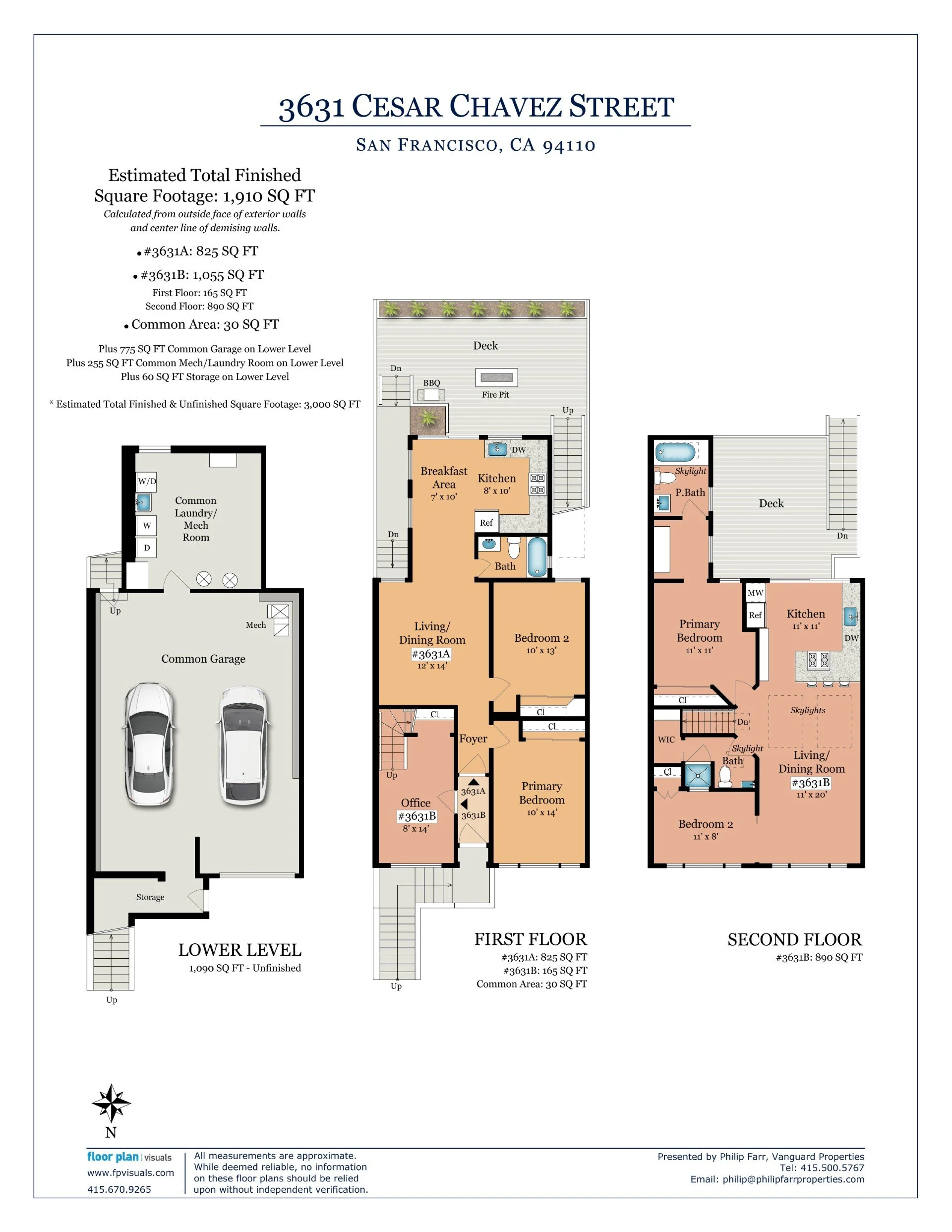 Architectural floor plan for a house located at 3631 Cesar Chavez Street, San Francisco, CA 94110. The plan shows the lower level, first floor, and second floor with room labels, dimensions, and features such as garages, bedrooms, a kitchen, bathrooms, decks, and living areas.