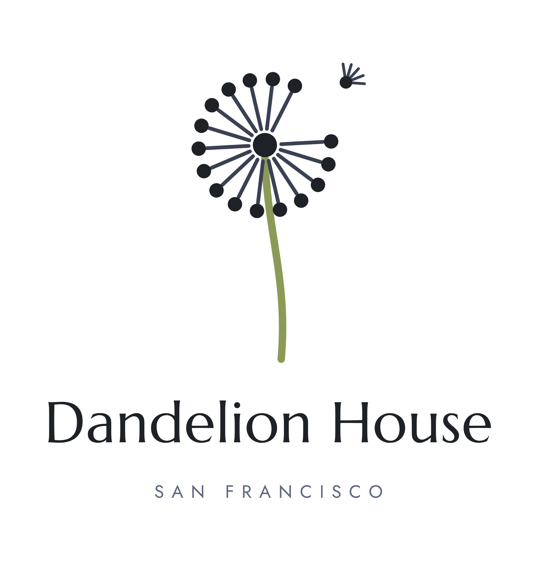 Logo of Dandelion House in San Francisco, featuring a stylized dandelion with a dark background and text underneath.