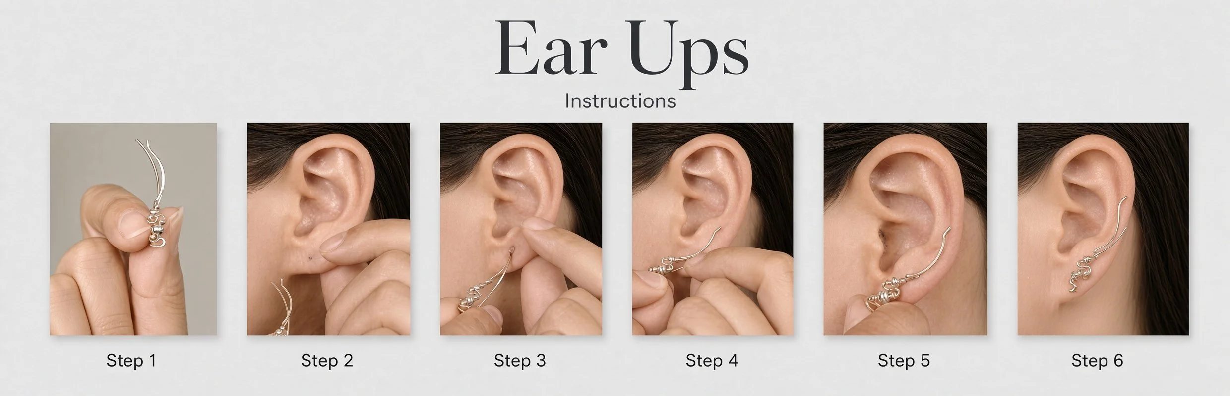 Six-step visual instructions for inserting a decorative silver ear cuff earring.