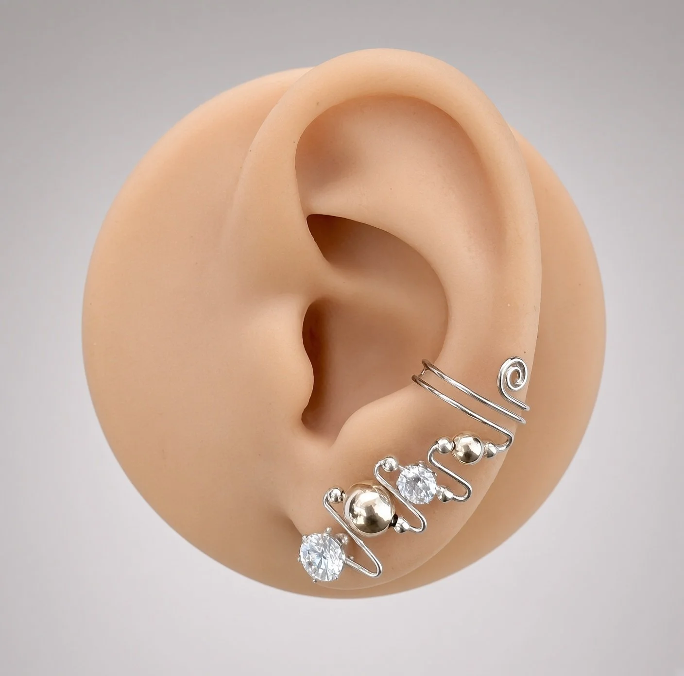 EAR-CUFFS - "ALLISON" - 0.925 STERLING SILVER WIRE - GOLD BEADS - CUBIC ZIRCONIA