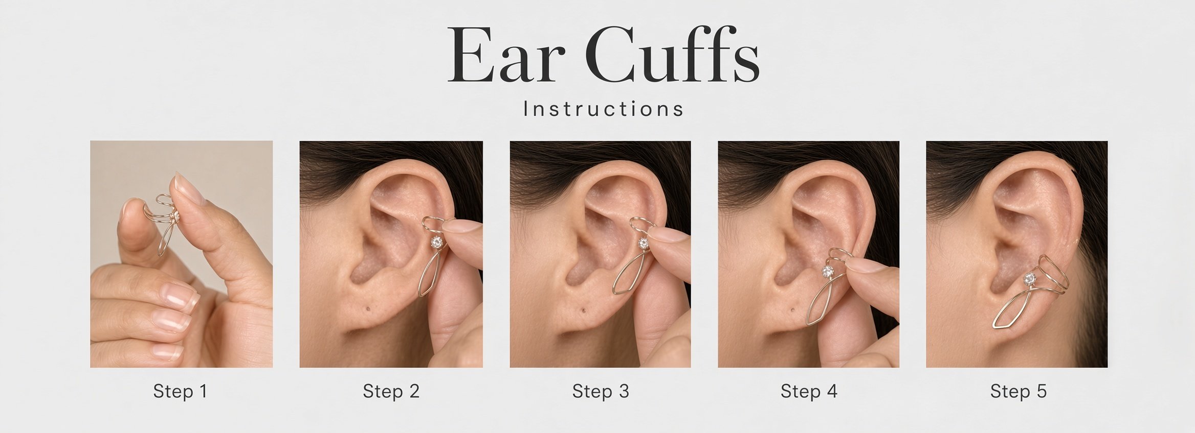 Five-step instructions showing how to attach a silver ear cuff earring.