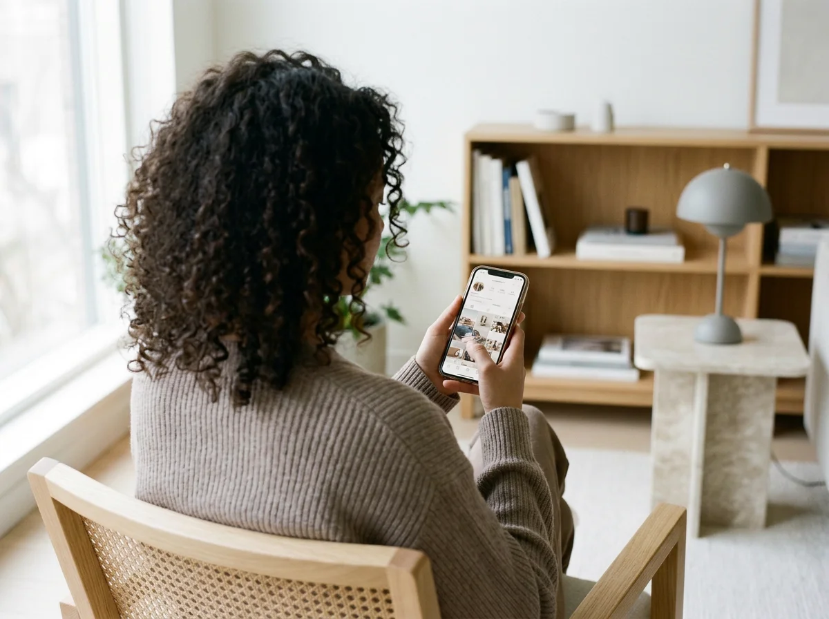 Woman sitting in a chair and browsing a smartphone in a bright living room