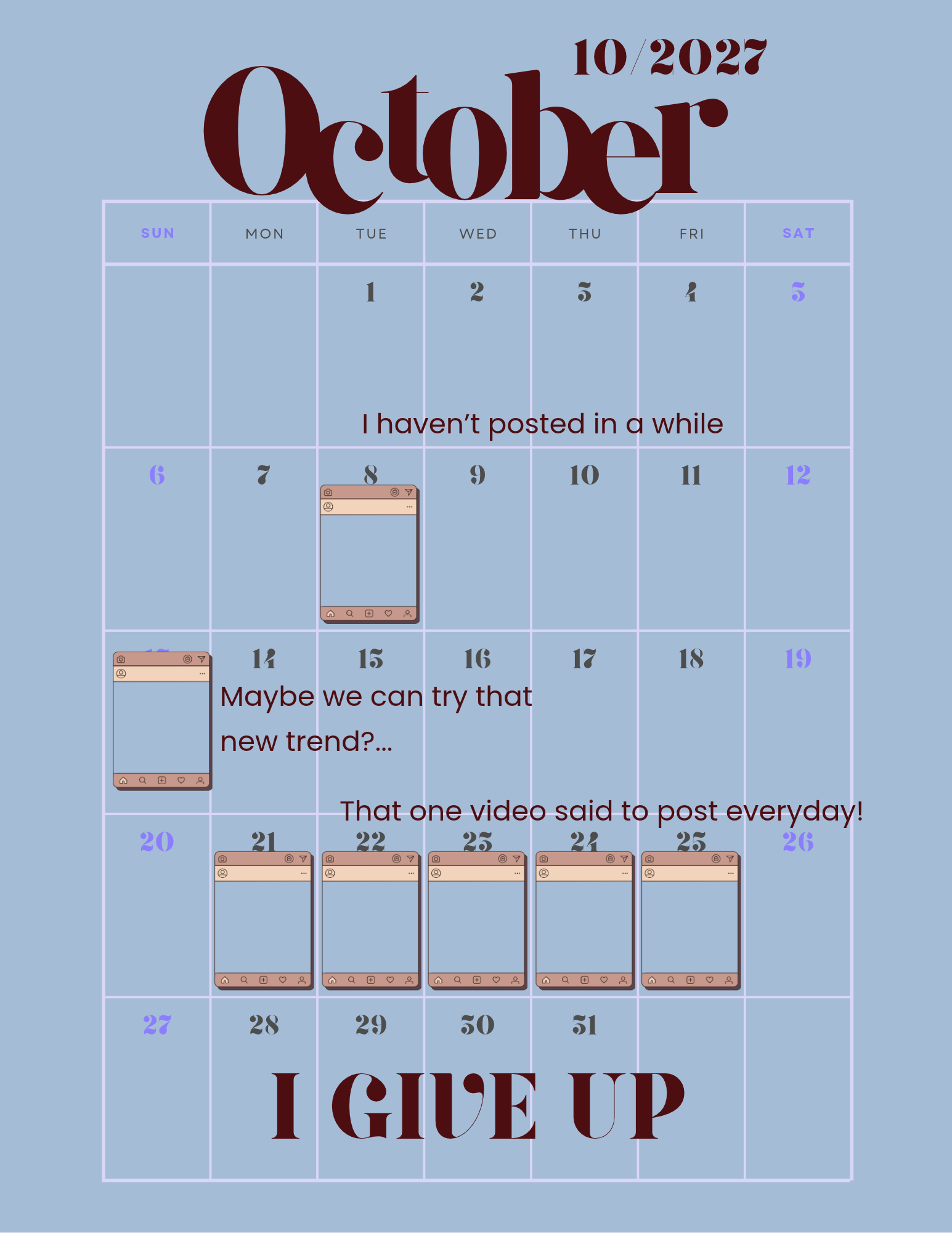 Calendar graphic with social media content calendar highlighting the struggles of self-managing your media.