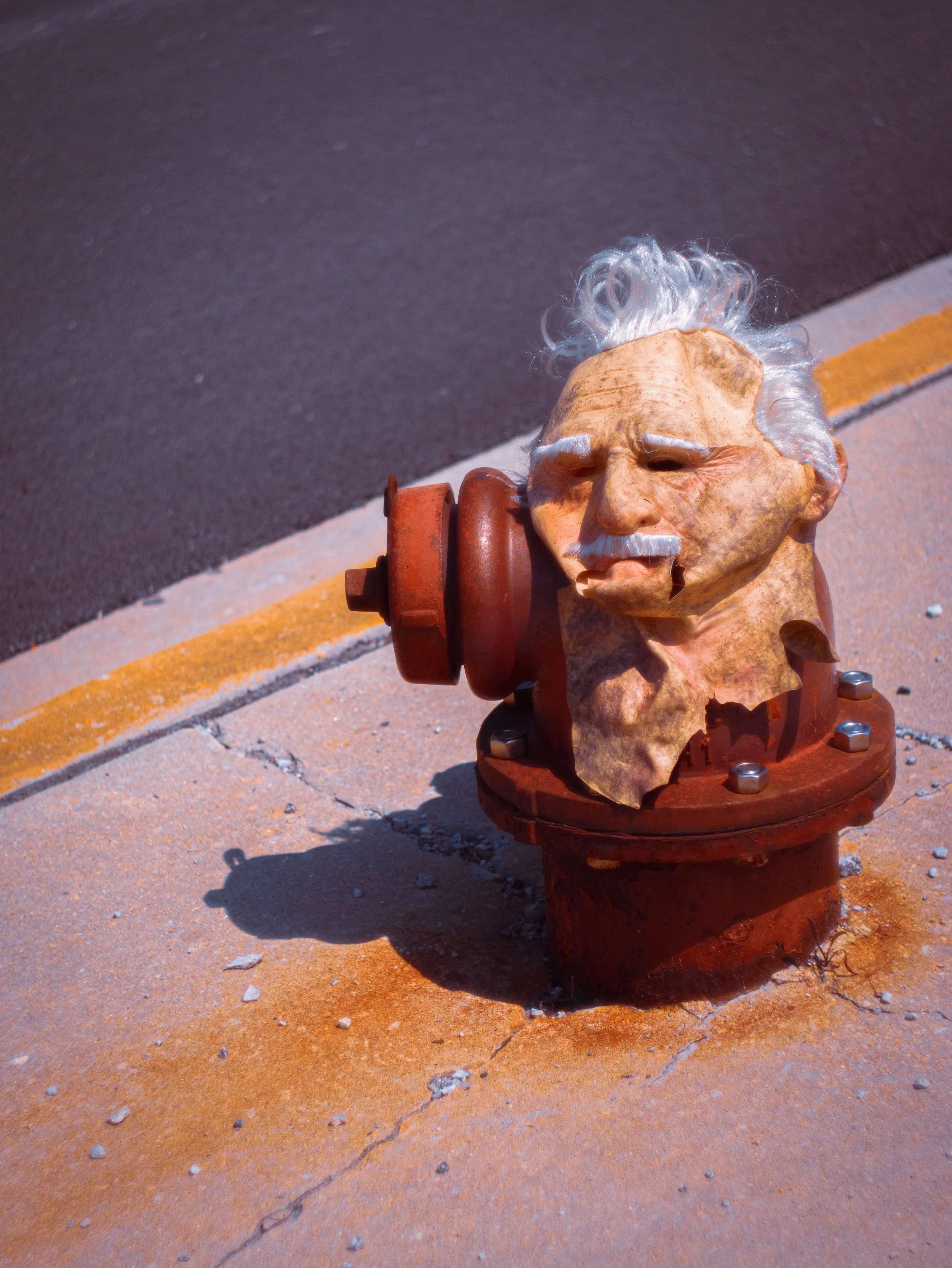Close-up of a fire hydrant with a realistic bust of an elderly man's head, including white hair, a mustache, and a wrinkled face, mounted on top of it, casting a shadow on the sidewalk.