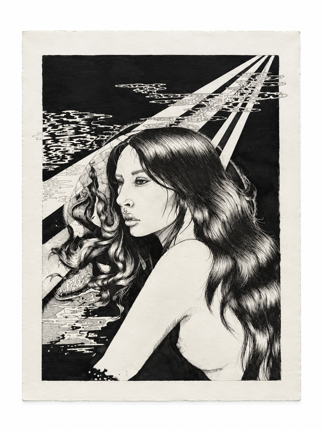 Black and white illustration of a woman with long wavy hair, looking to the side, with a background of abstract patterns and diagonal lines.