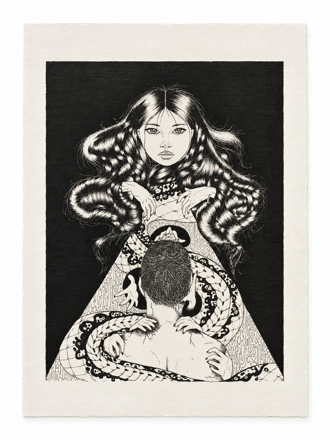 Black and white illustration of a woman with long, wavy hair holding a snake, with a person's head and shoulders in front of her, in a dark background.