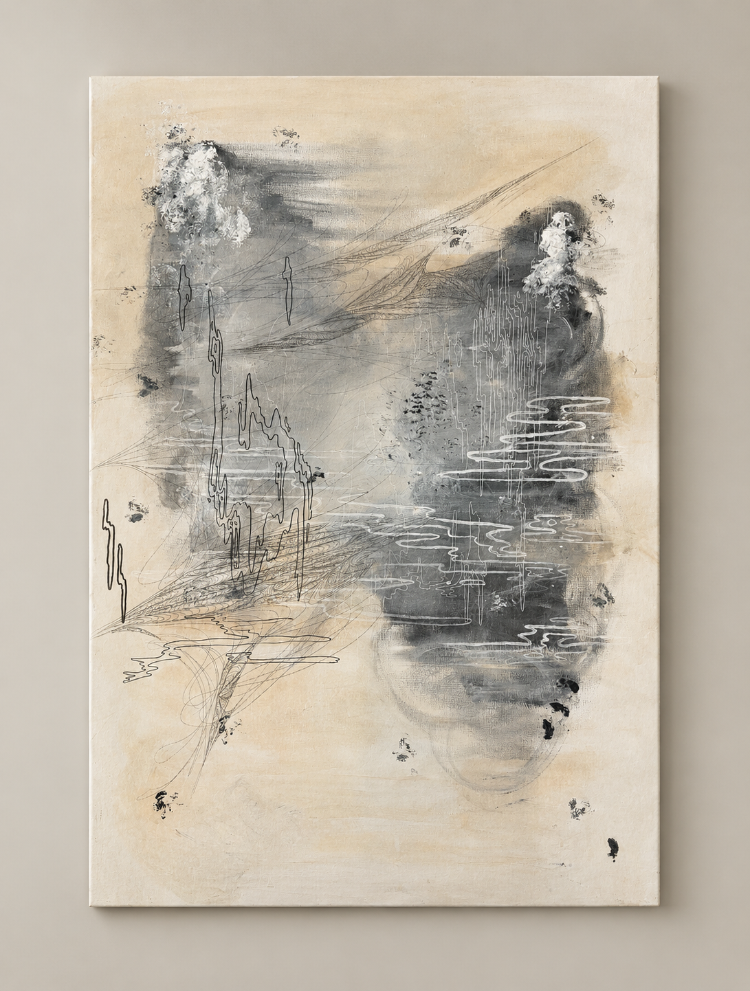 Abstract black, gray, and beige painting with flowing lines, smudges, and layered textures.