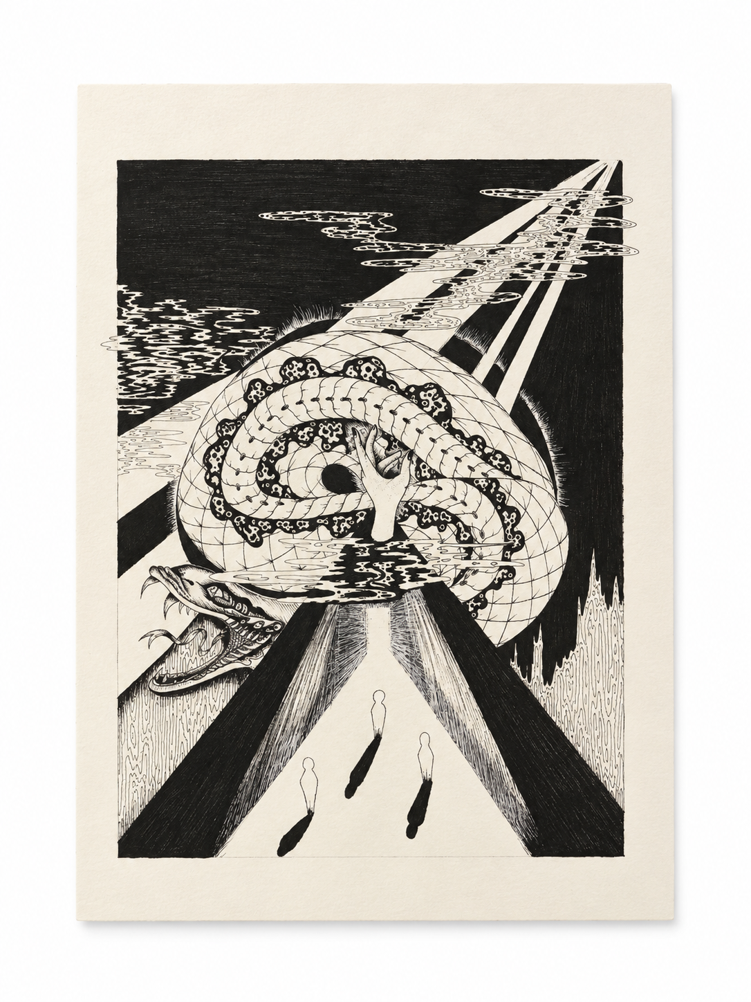 A black and white surreal illustration featuring a globe with a snake coiled around it, a hand holding a heart, and a large crocodile head emerging from a side. Three shadowed human figures stand at the bottom, with a pond and abstract clouds above.