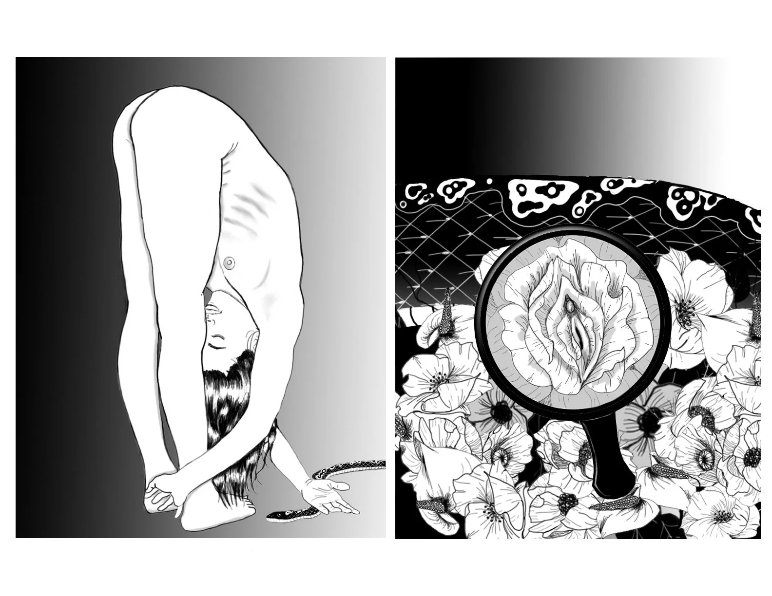 A split image with a woman in a yoga pose on the left and a magnifying glass over a flower on the right.