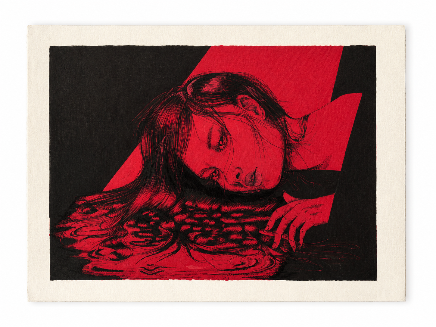 A black and red illustration of a woman with long hair, lying down with her head resting on her arm, looking directly at the viewer, with hair blending into a pattern resembling water or swirling lines.