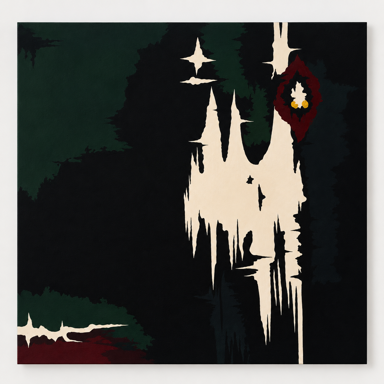 Abstract painting with green, black, cream, and red colors featuring sharp, jagged shapes and star-like forms, with a mirrored, reflective composition.