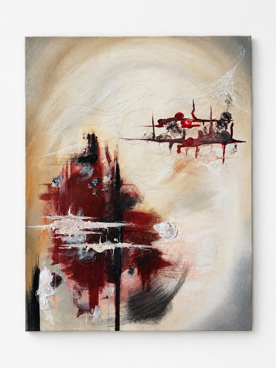 Abstract painting with beige, black, red, and white colors, featuring textured brushstrokes and a web-like pattern in the upper right corner.