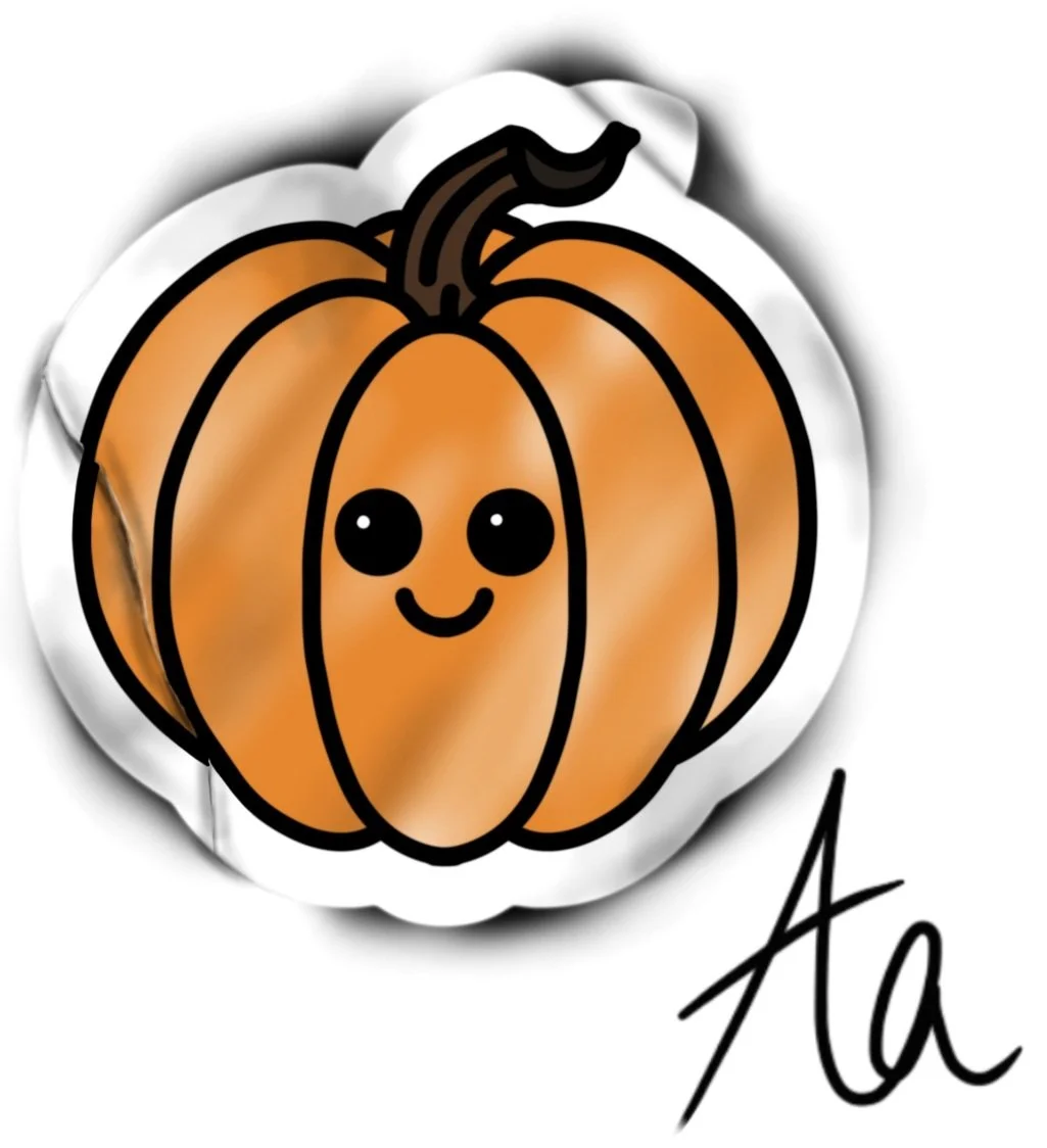 Cute illustrated pumpkin with a smiling face and signature 'A' below.