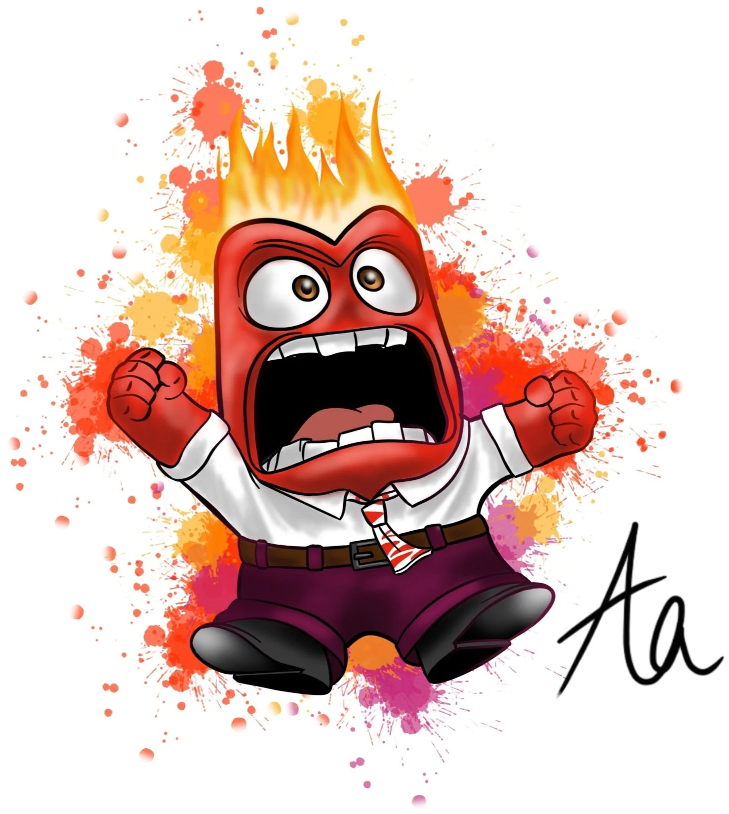 Cartoon character with a fiery head, angry expression, clenched fists, wearing a white shirt, striped tie, and dark pants, with colorful paint splashes in the background.