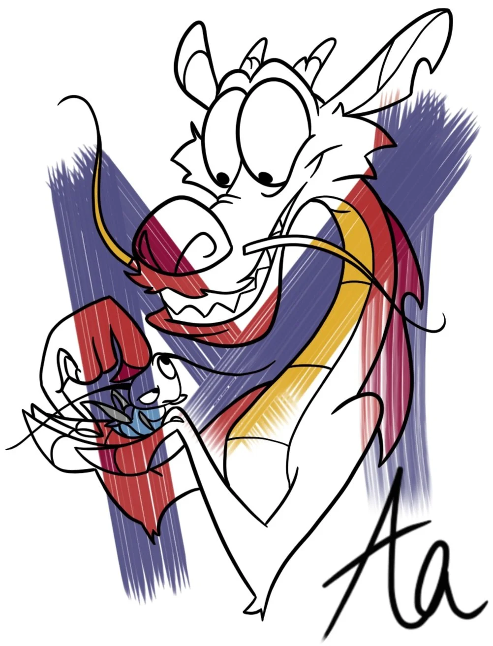 Colorful sketch of Cavey and Figment, Disney characters, with Cavey hugging Figment.